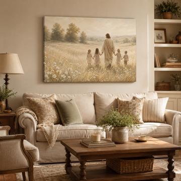 Walking in His Footsteps Jesus with Children Canvas Print, Christian Home Decor