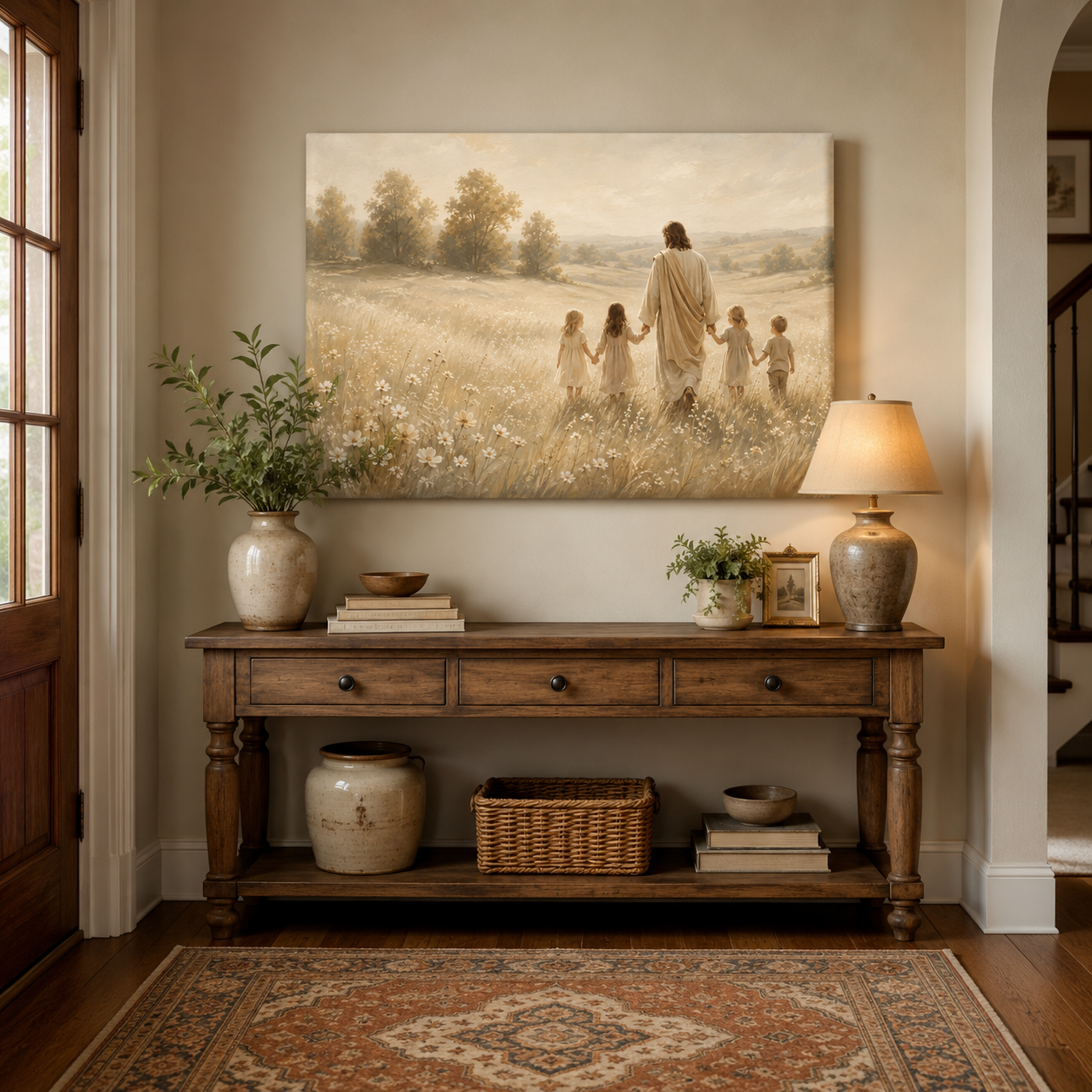 Walking in His Footsteps Jesus with Children Canvas Print, Christian Home Decor
