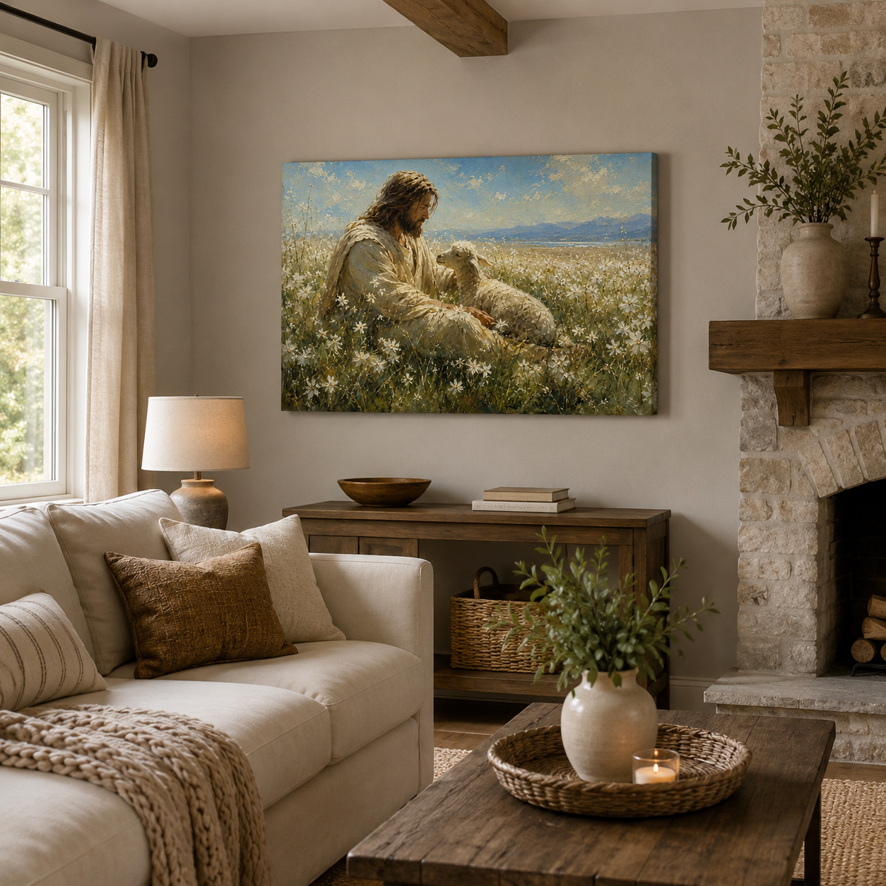 Jesus Resting with His Sheep Canvas Print, Peaceful Christian Wall Art