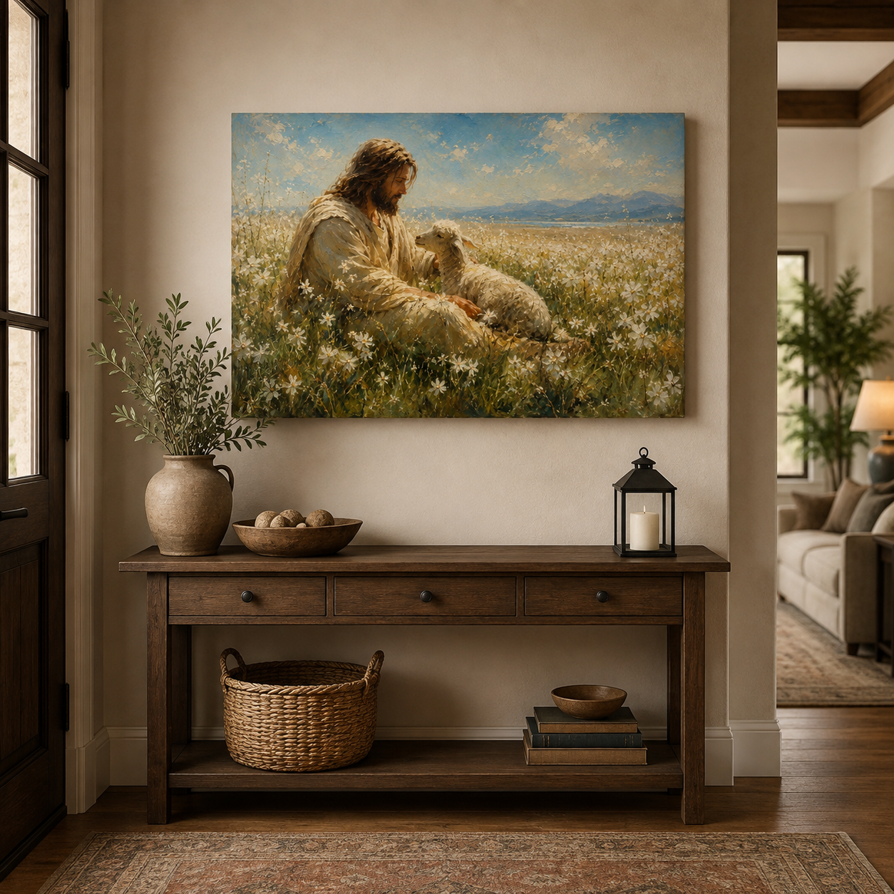 Jesus Resting with His Sheep Canvas Print, Peaceful Christian Wall Art