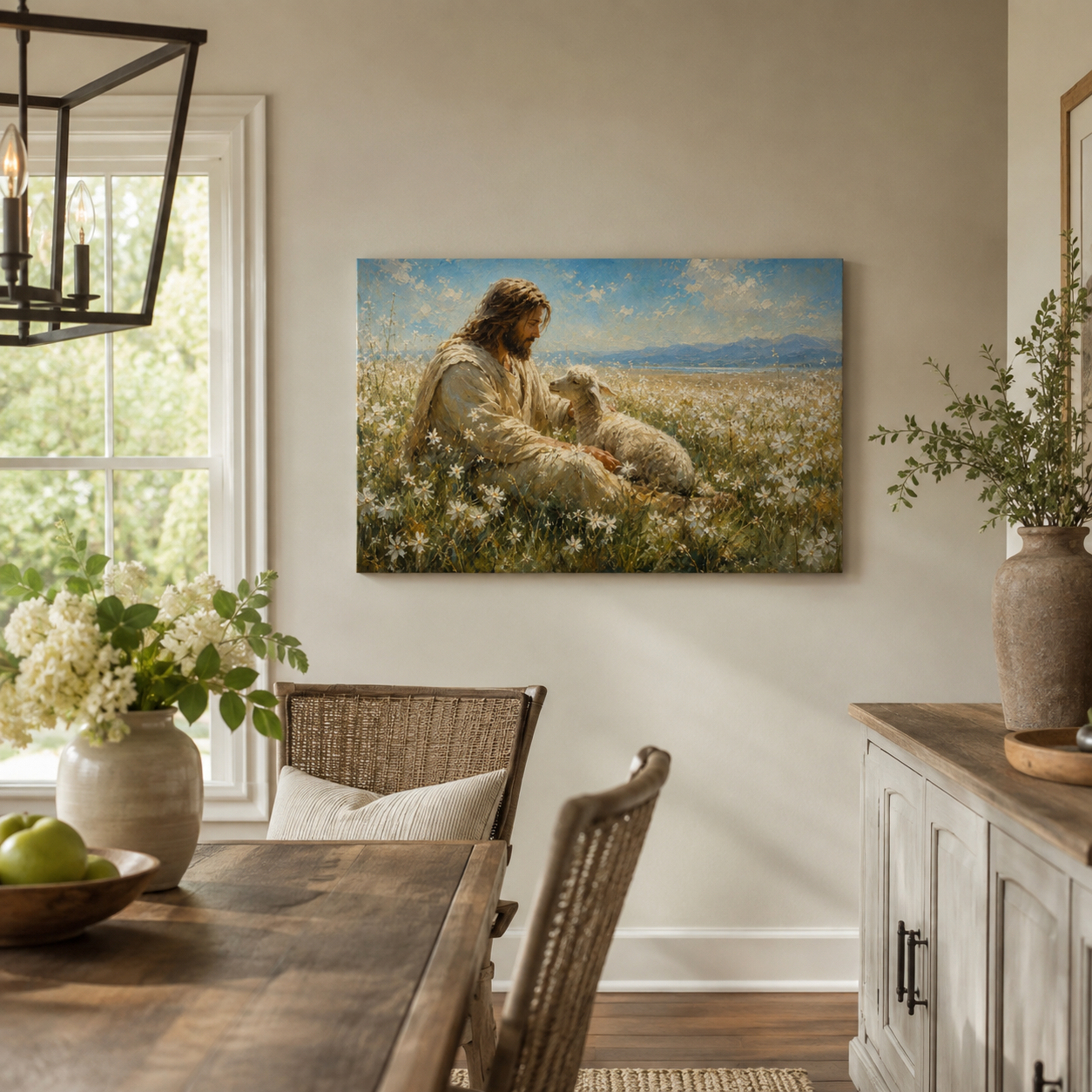 Jesus Resting with His Sheep Canvas Print, Peaceful Christian Wall Art