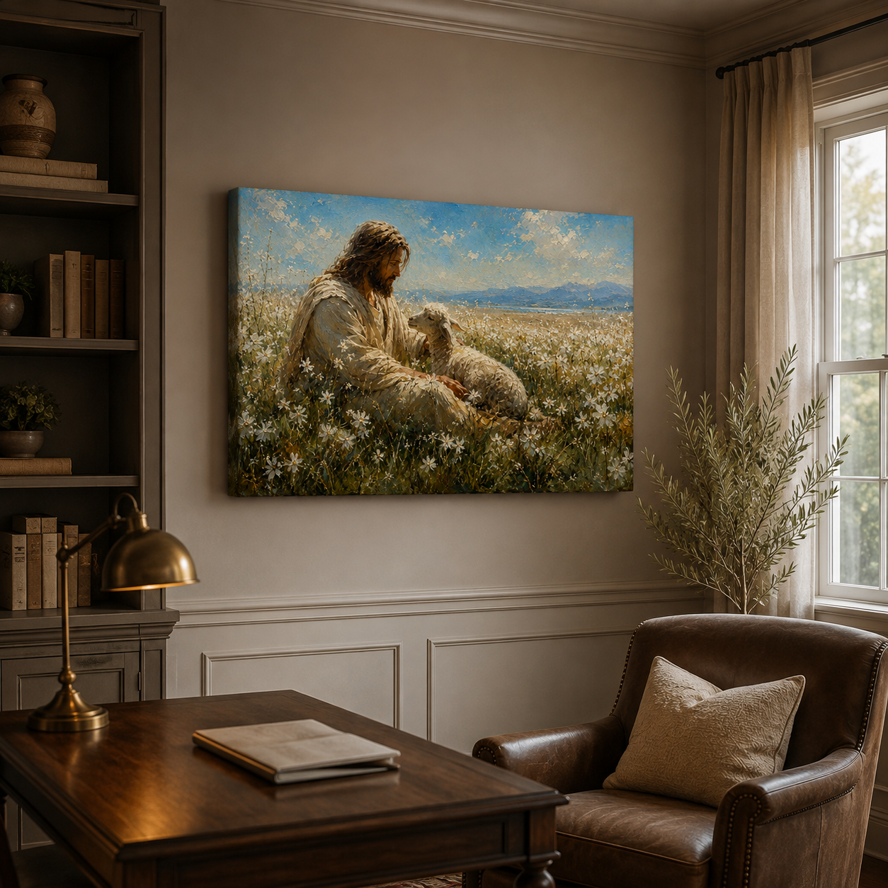 Jesus Resting with His Sheep Canvas Print, Peaceful Christian Wall Art