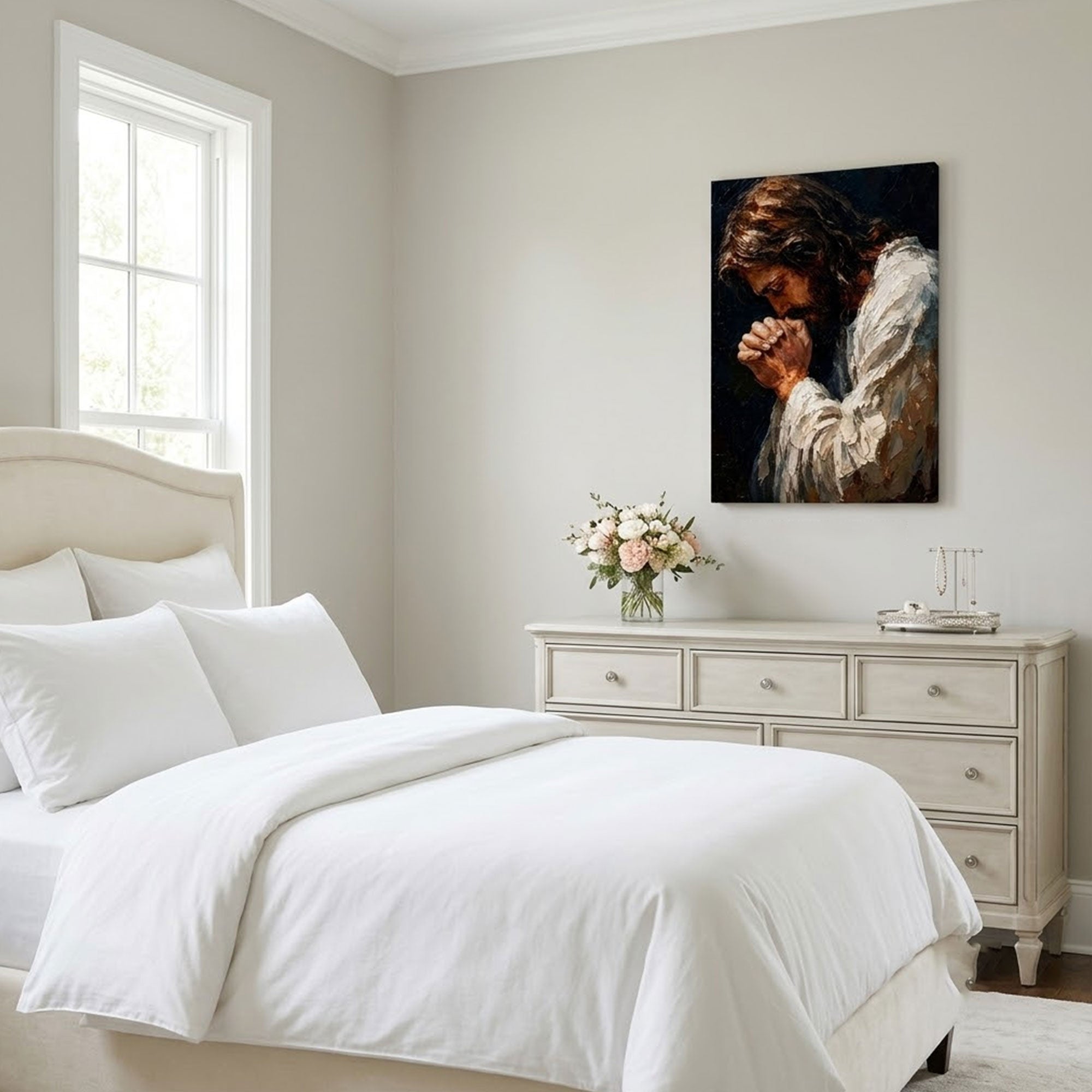 Jesus Praying Canvas Print, Christian Prayer Wall Art, Faith Home Decor