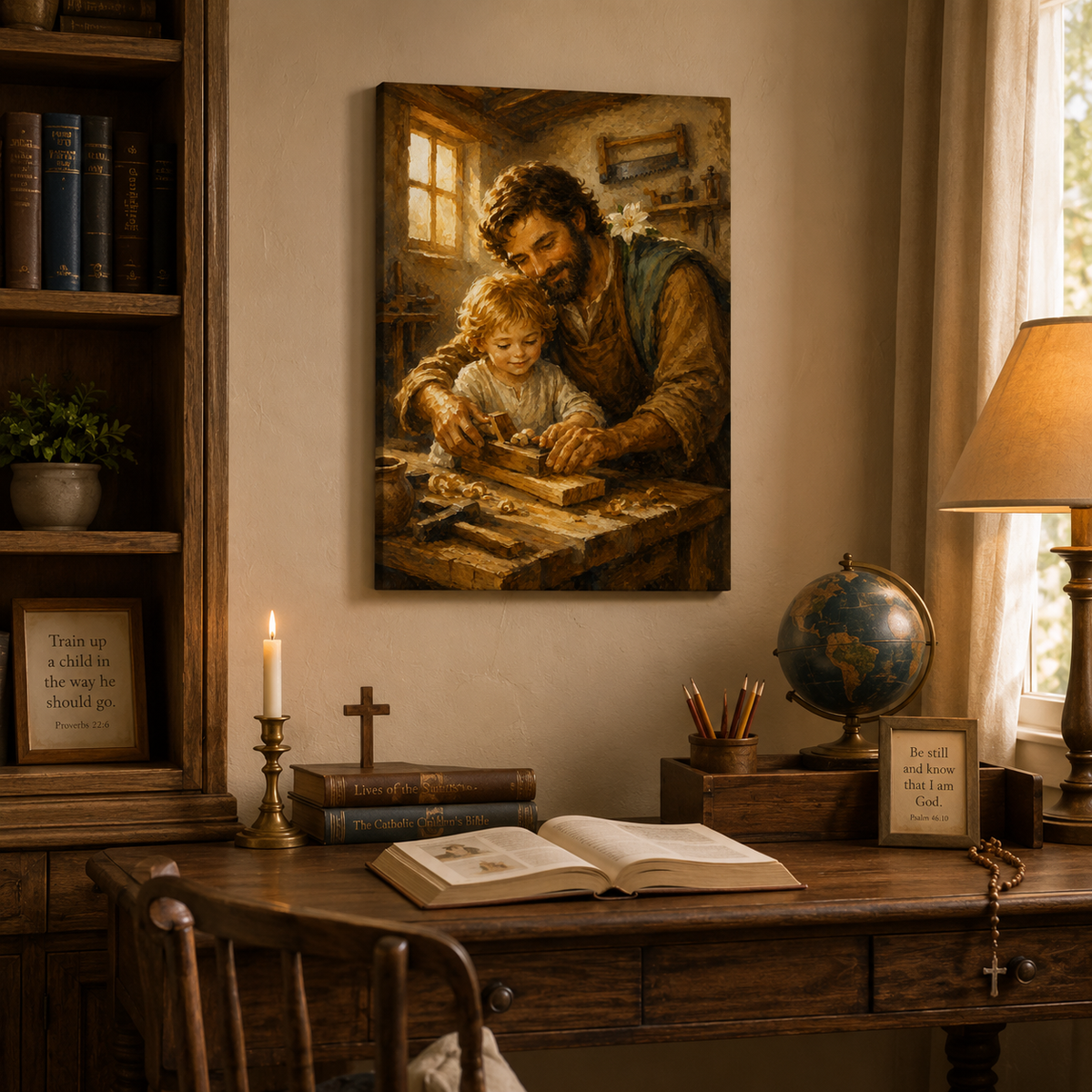 St Joseph and Young Jesus Canvas Print, Catholic Christian Family Decor