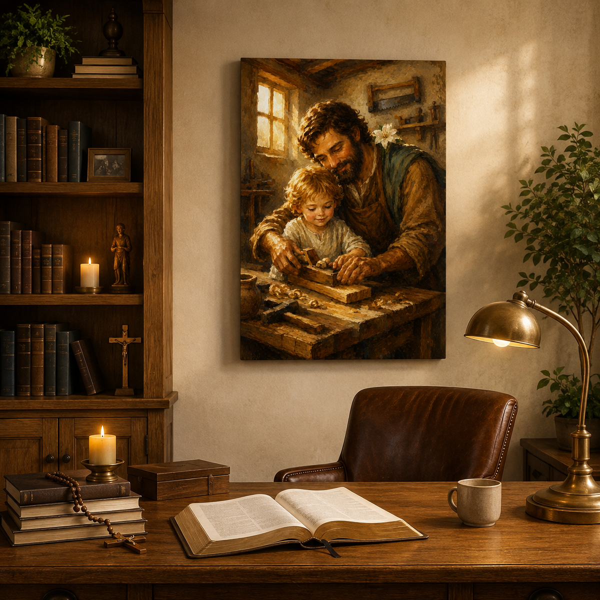 St Joseph and Young Jesus Canvas Print, Catholic Christian Family Decor
