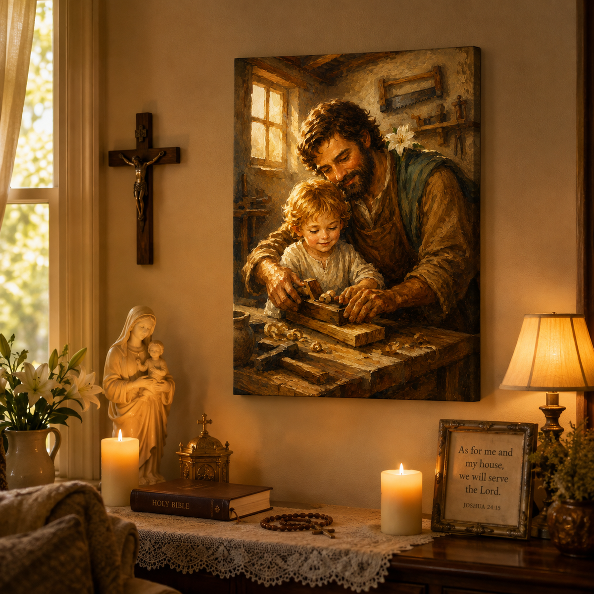 St Joseph and Young Jesus Canvas Print, Catholic Christian Family Decor