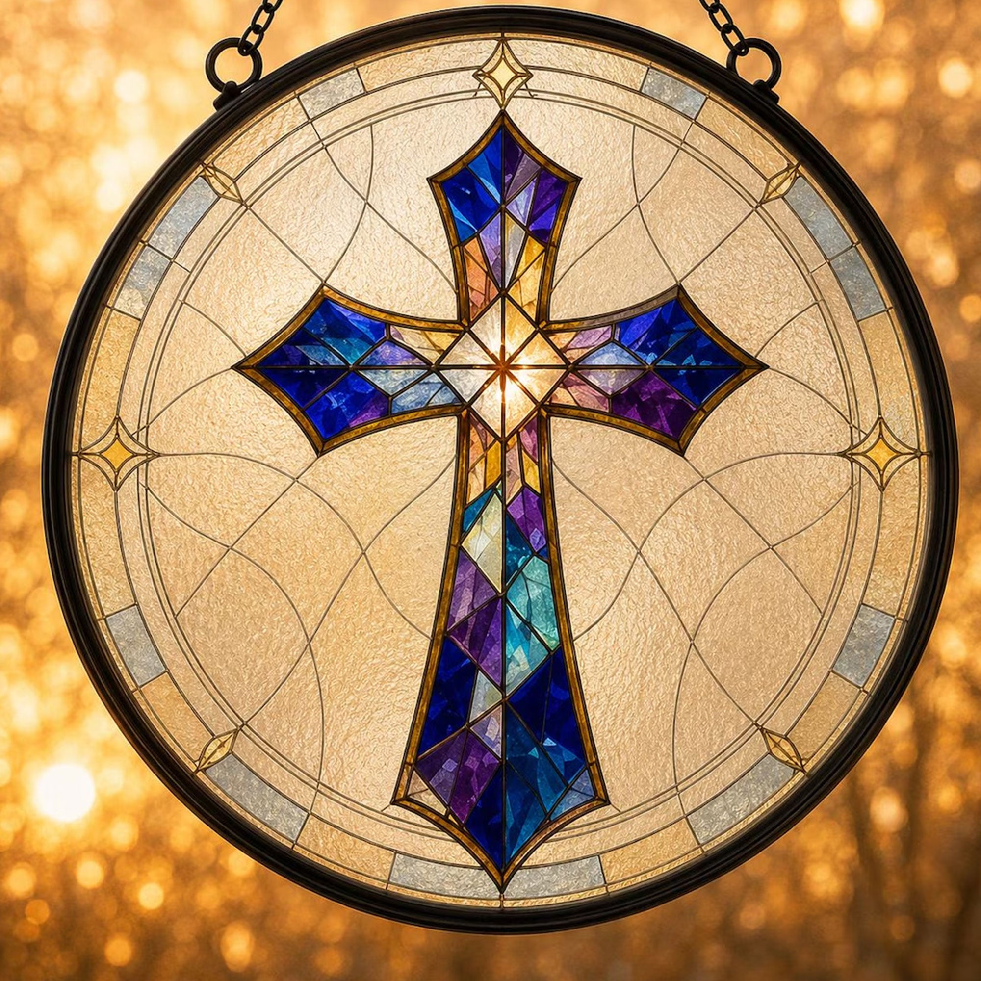 Christian Cross Stained Glass Suncatcher, Blue Purple Faith Window Hanging, Religious Gift
