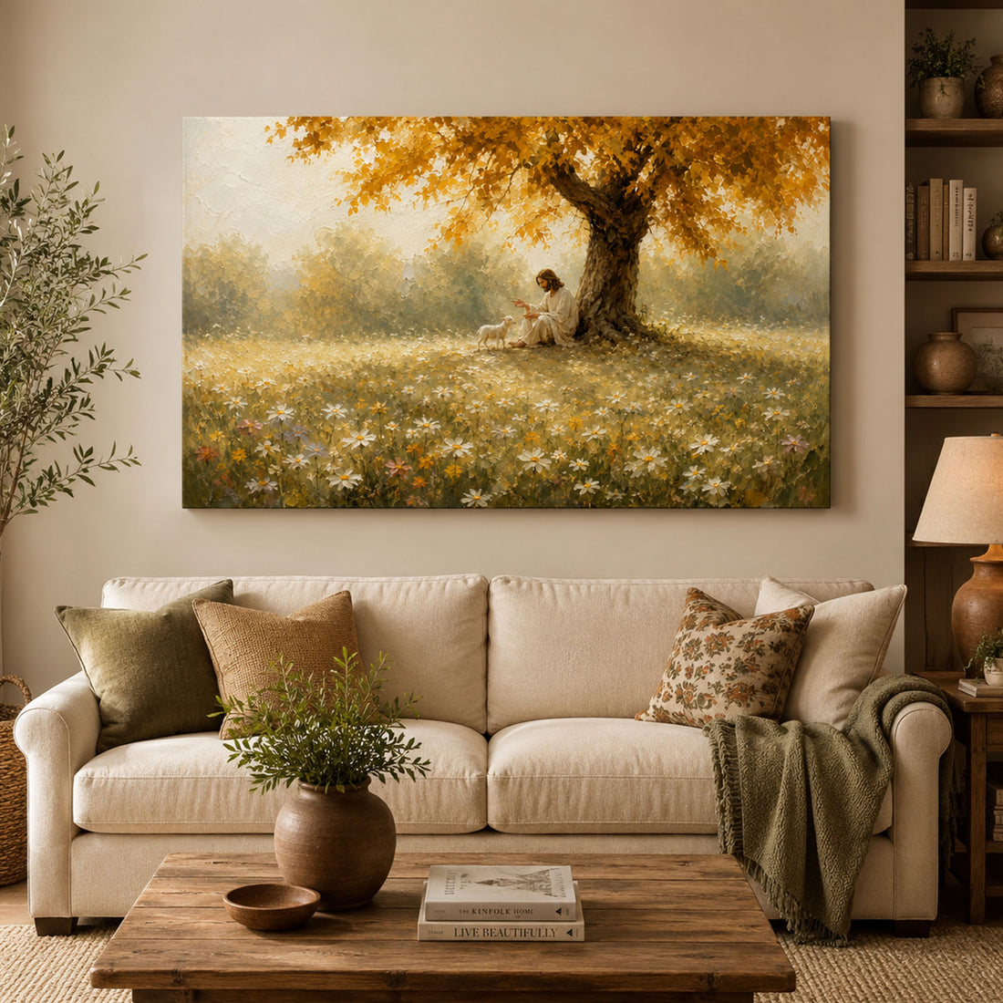 Good Shepherd Jesus with Lamb Canvas Print, Peaceful Christian Wall Art, Meadow Faith Home Decor