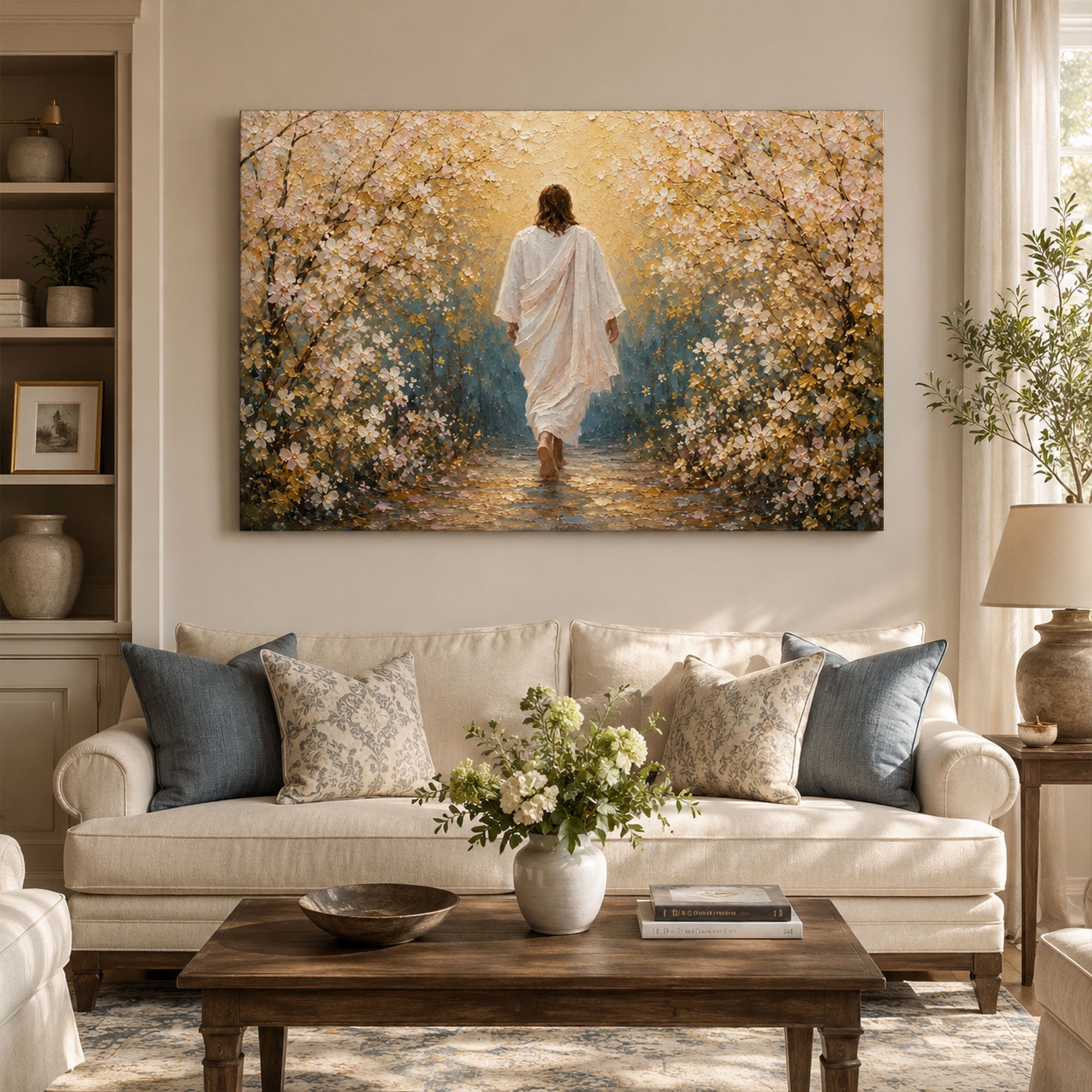 Jesus Leading the Way Canvas Print, Walk With Jesus Christian Wall Art, Floral Faith Journey Painting, Inspirational Religious Home Decor