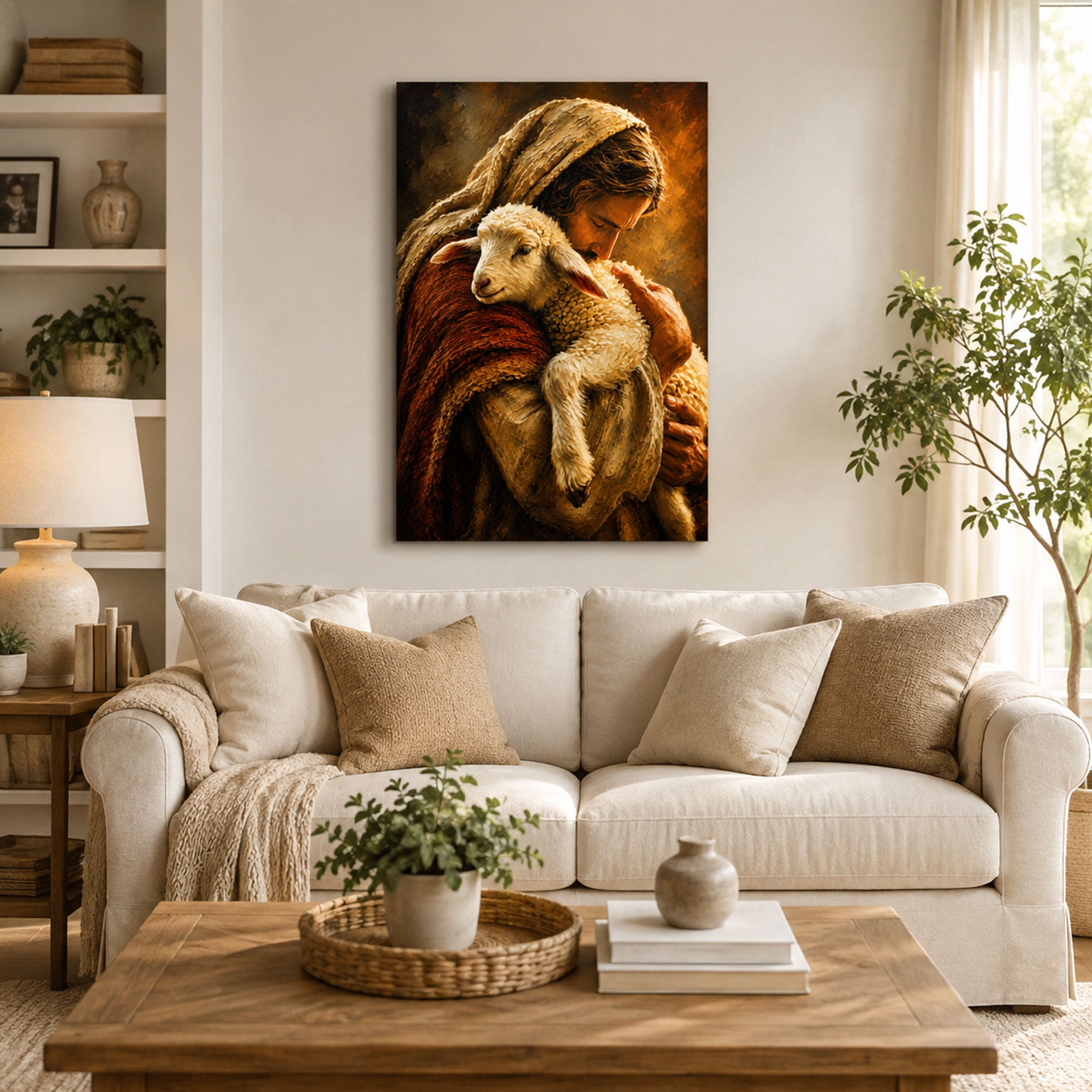 Good Shepherd Embracing the Rescued Lamb Canvas Print, Christian Home Decor