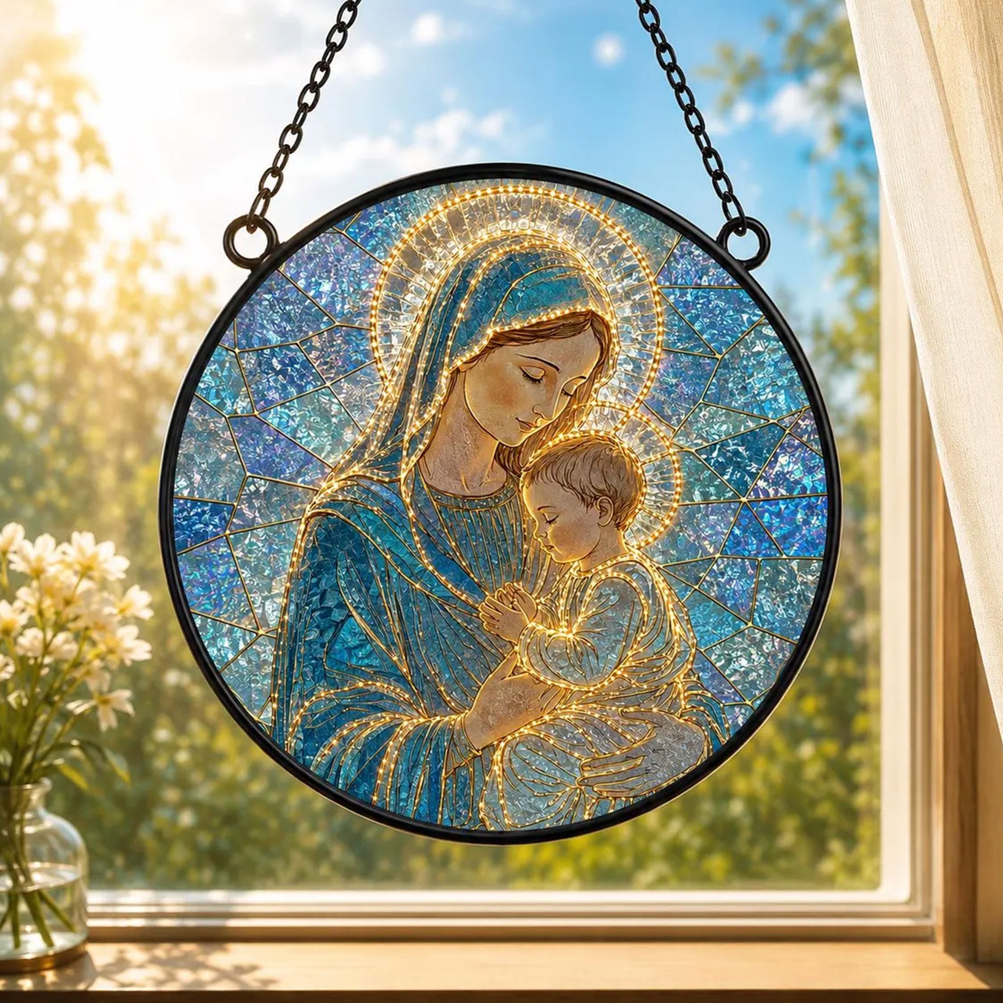 Virgin Mary and Baby Jesus Suncatcher, Holy Mother and Child Catholic Window Hanging, Christian Gift