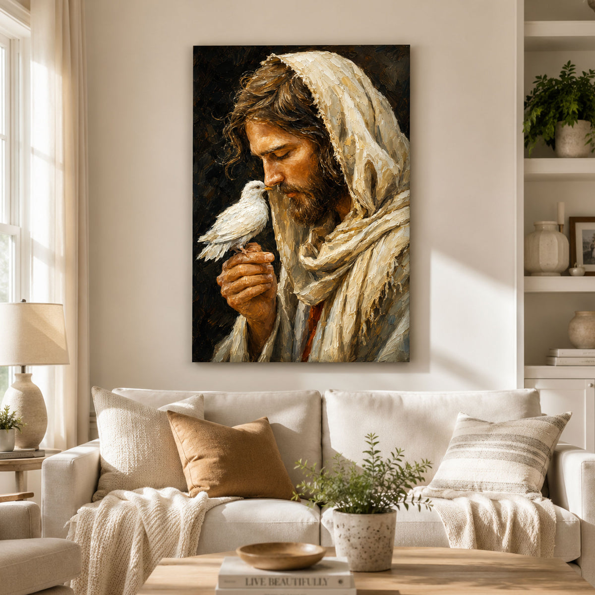 Jesus with Holy Spirit Dove Canvas Print, Christian Wall Decor, Peace and Faith Gift