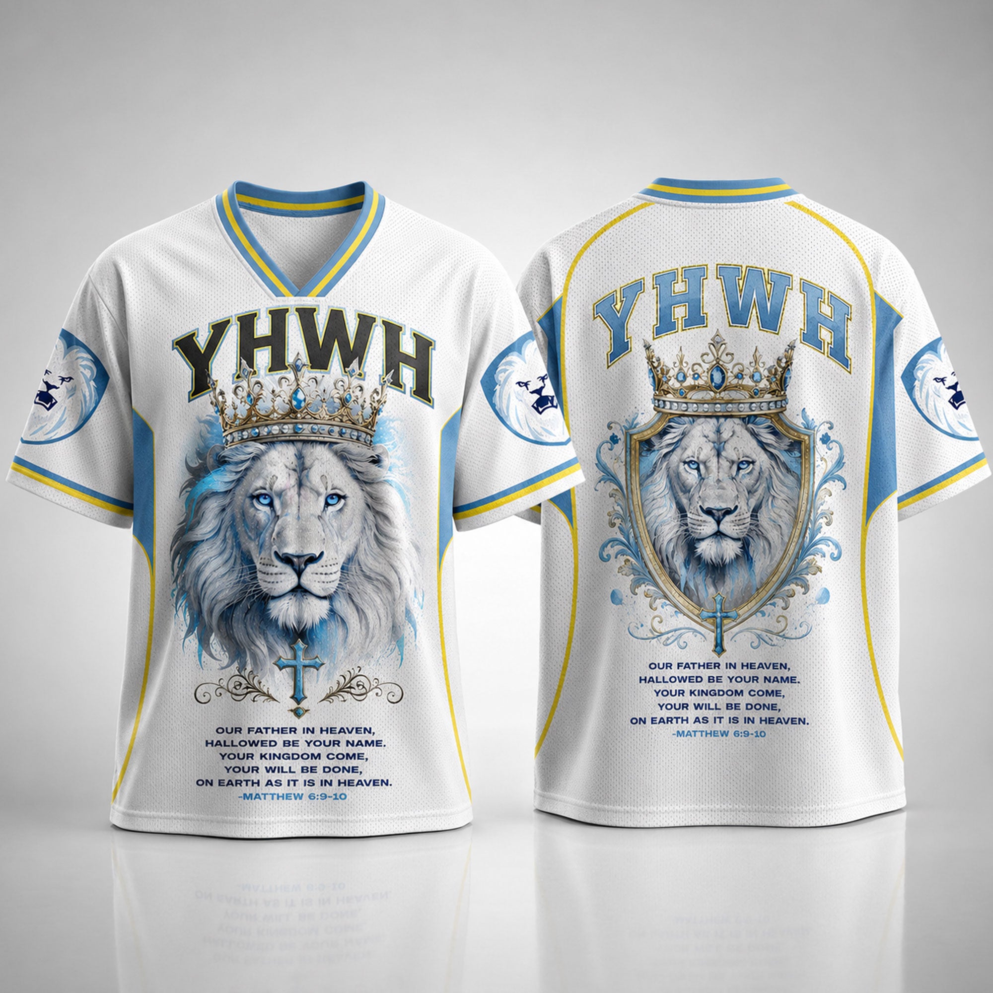 YHWH Lion of Judah Christian Mesh Jersey, Matthew 6:9–10 Crowned Lion Bible Verse Shirt