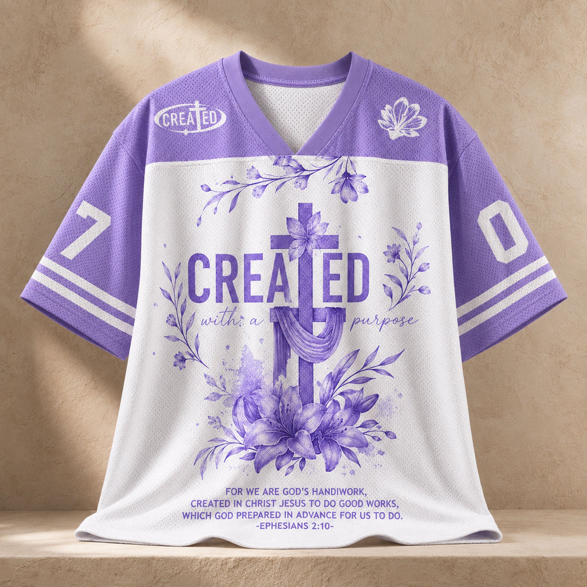 Created with a Purpose Christian Mesh Jersey, Ephesians 2:10 Purple Floral Cross Bible Verse Shirt