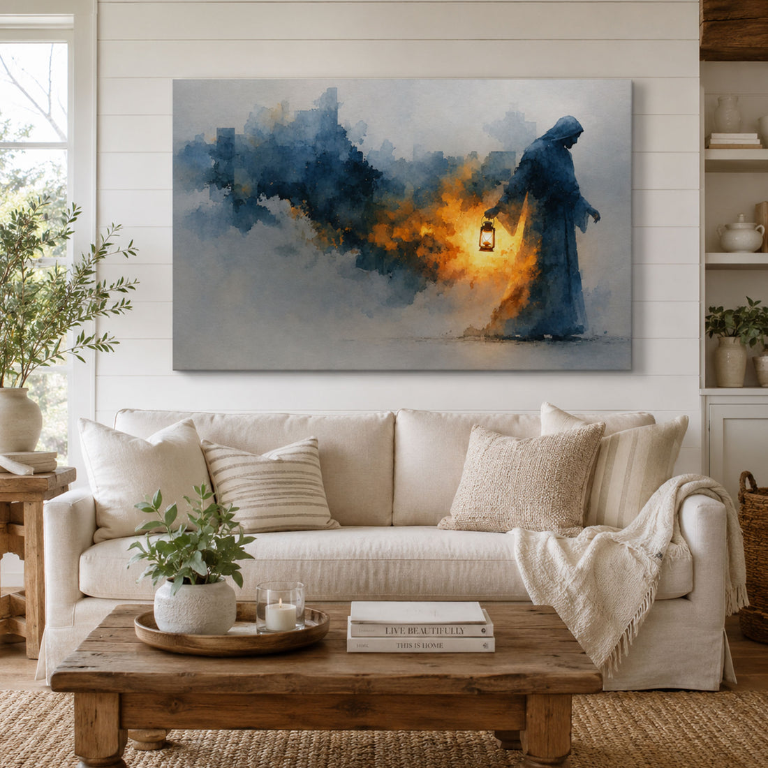 Light of the World Jesus Lantern Watercolor Canvas Print, Modern Christian Wall Art, Inspirational Faith Home Decor