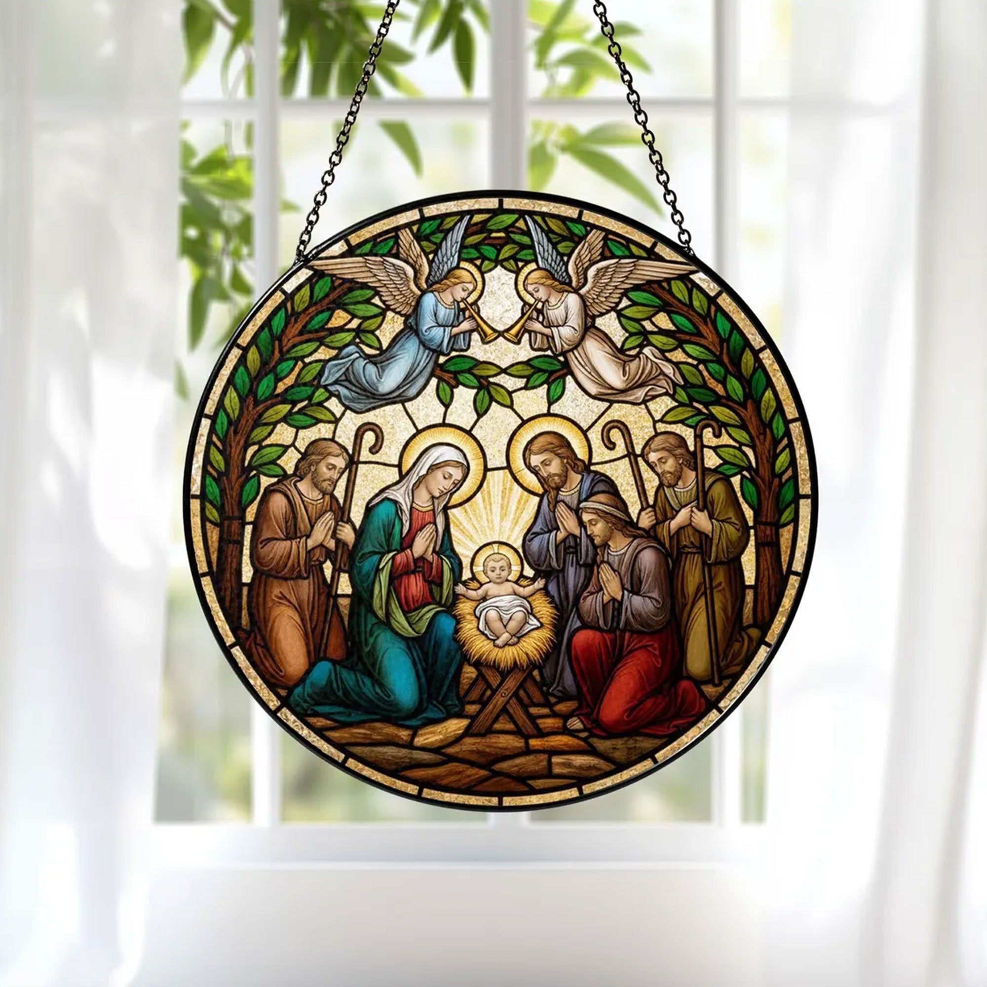Nativity of Jesus Suncatcher, Holy Family and Shepherds Window Hanging, Christian Christmas Decor