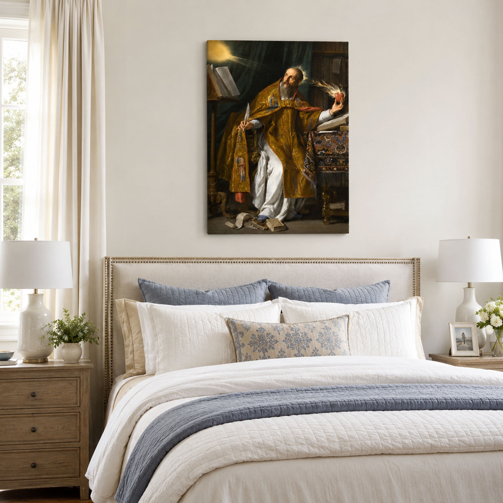 Saint Augustine with Flaming Heart Canvas Print, Catholic Home Decor