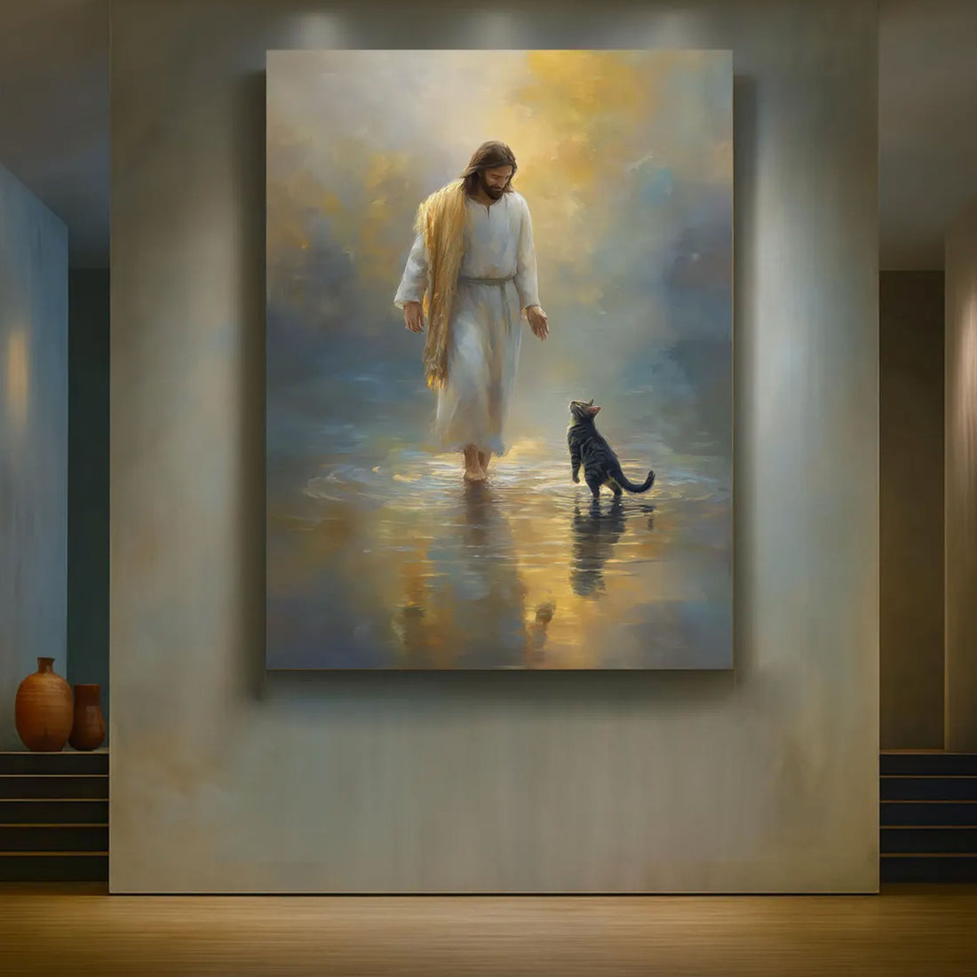 Jesus and Cat Canvas Print, Peaceful Christian Wall Art, Religious Home Decor, Gift for Cat Lovers