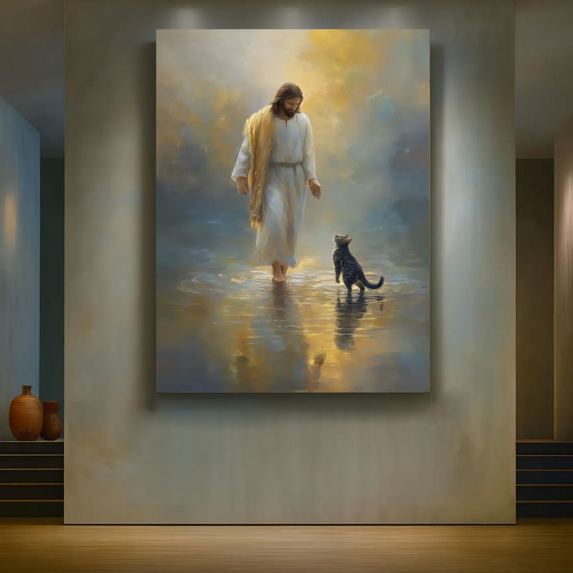Jesus and Cat Canvas Wall Art, Peaceful Christian Home Decor, Religious Animal Painting,Gifts for cat lovers