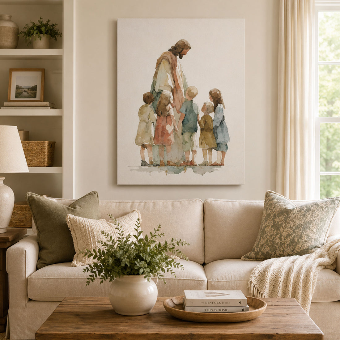 Jesus with Children Watercolor Canvas Print, Minimalist Christian Wall Art, Neutral Faith Home Decor, Nursery Religious Painting, Spiritual Gift for Family