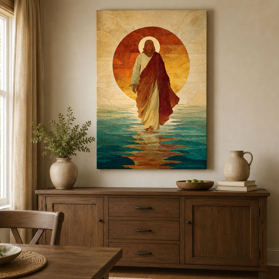 Jesus Walks on Water Minimalist Watercolor Canvas Print, Christian Wall Art, Peaceful Faith Home Decor