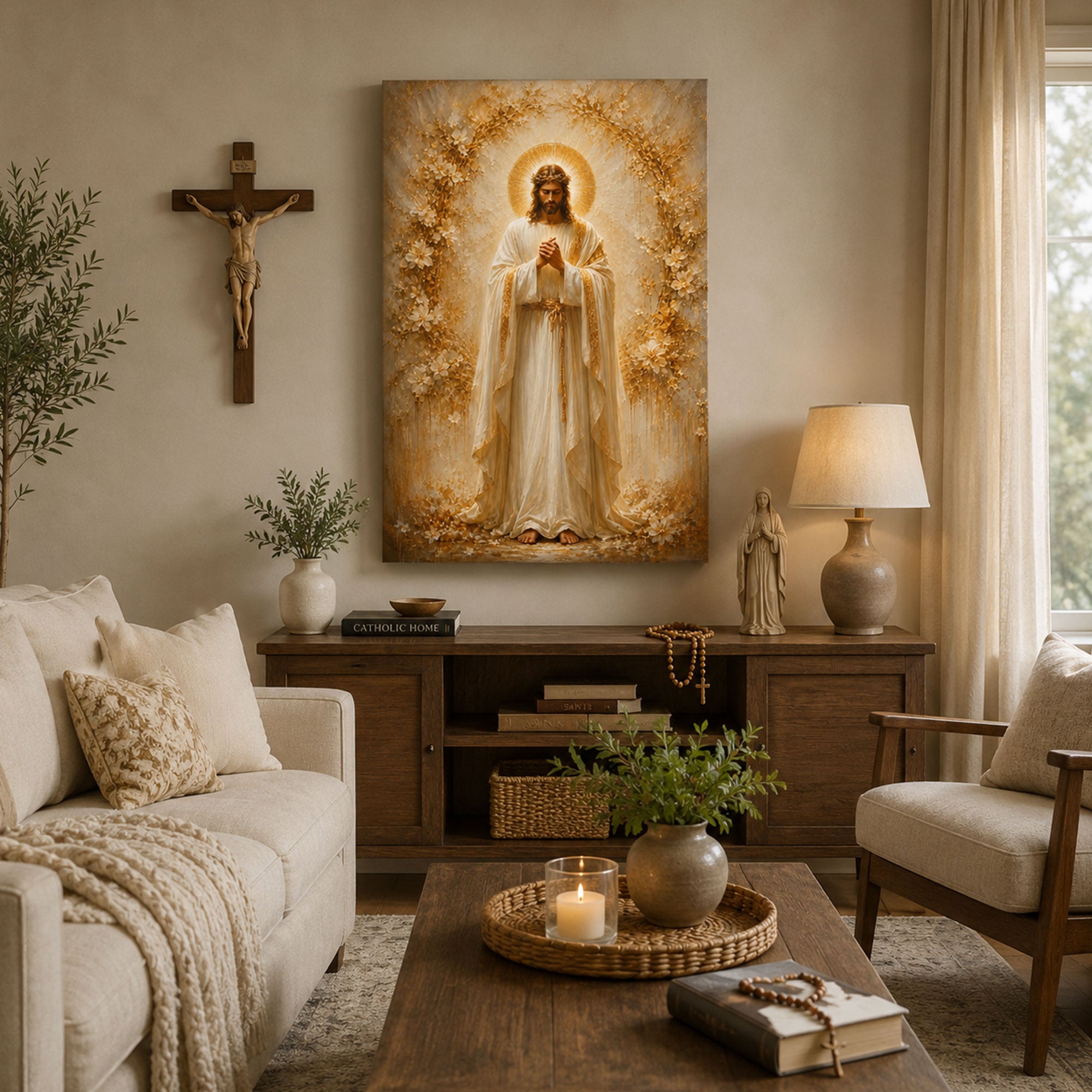 Jesus in Prayer with Crown of Thorns Canvas Print, Catholic Christian Home Decor