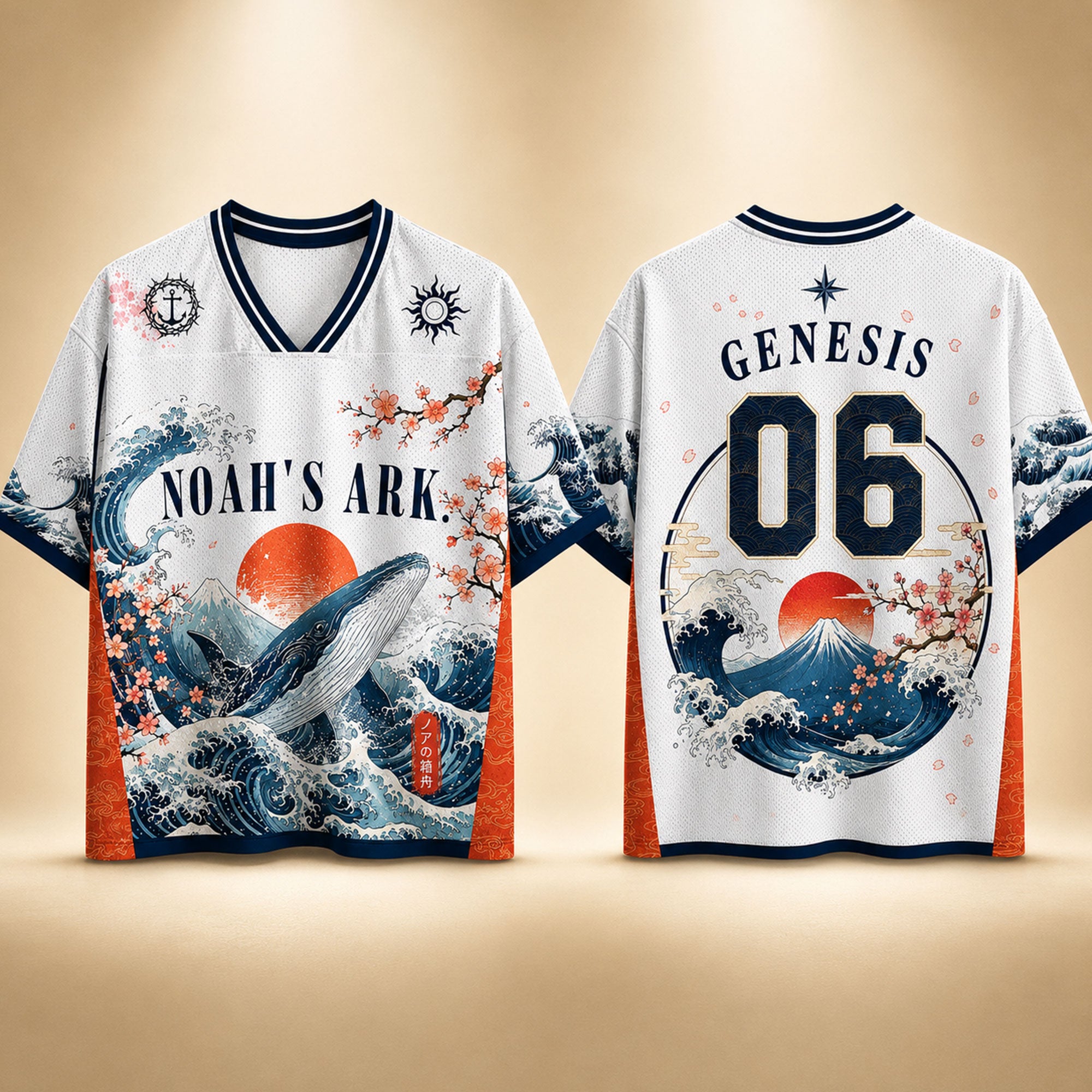 Noah’s Ark Whale Christian Mesh Jersey, Japanese Wave Biblical Faith Shirt, Ocean Religious Apparel