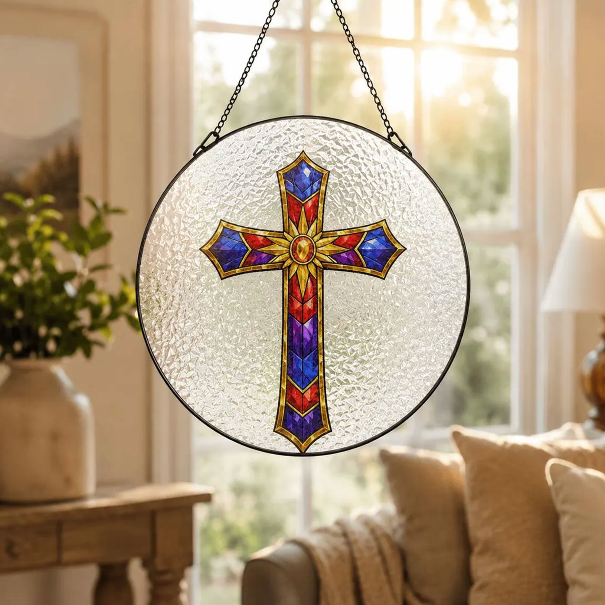Christian Cross Suncatcher, Red Blue Purple Stained Glass Window Hanging, Faith Home Decor