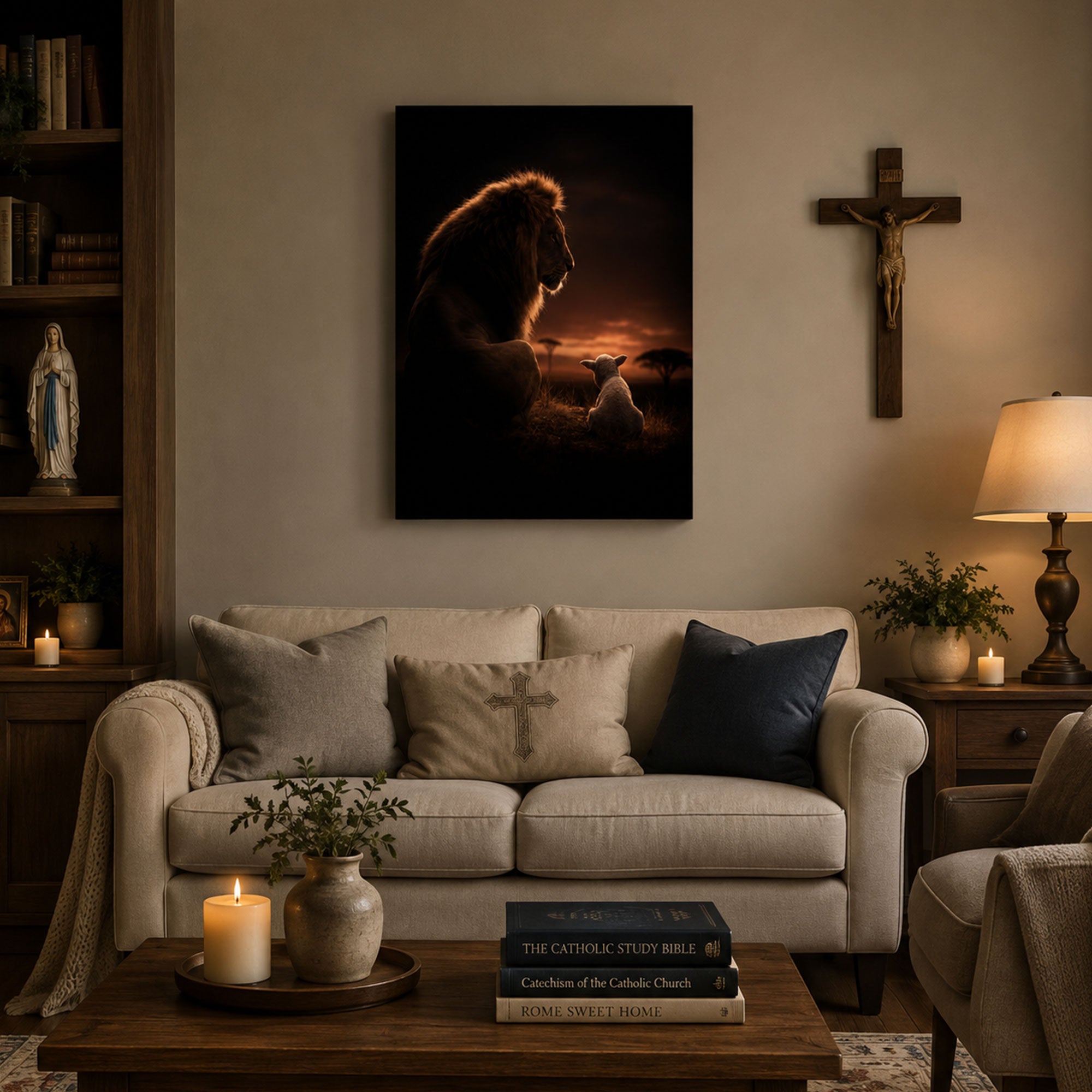Lion and Lamb at Sunset Canvas Print, Christian Peace and Faith Home Decor