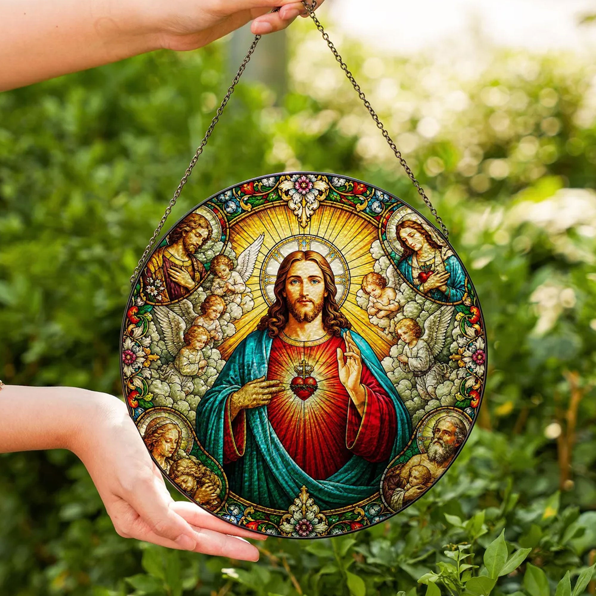 Sacred Heart of Jesus with Angels Suncatcher, Catholic Window Hanging, Christian Religious Gift
