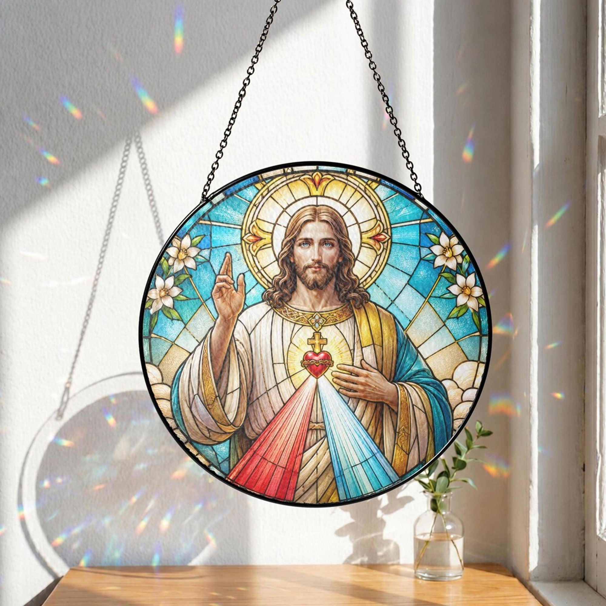 Divine Mercy Jesus Suncatcher, Sacred Heart Catholic Window Hanging, Christian Religious Gift