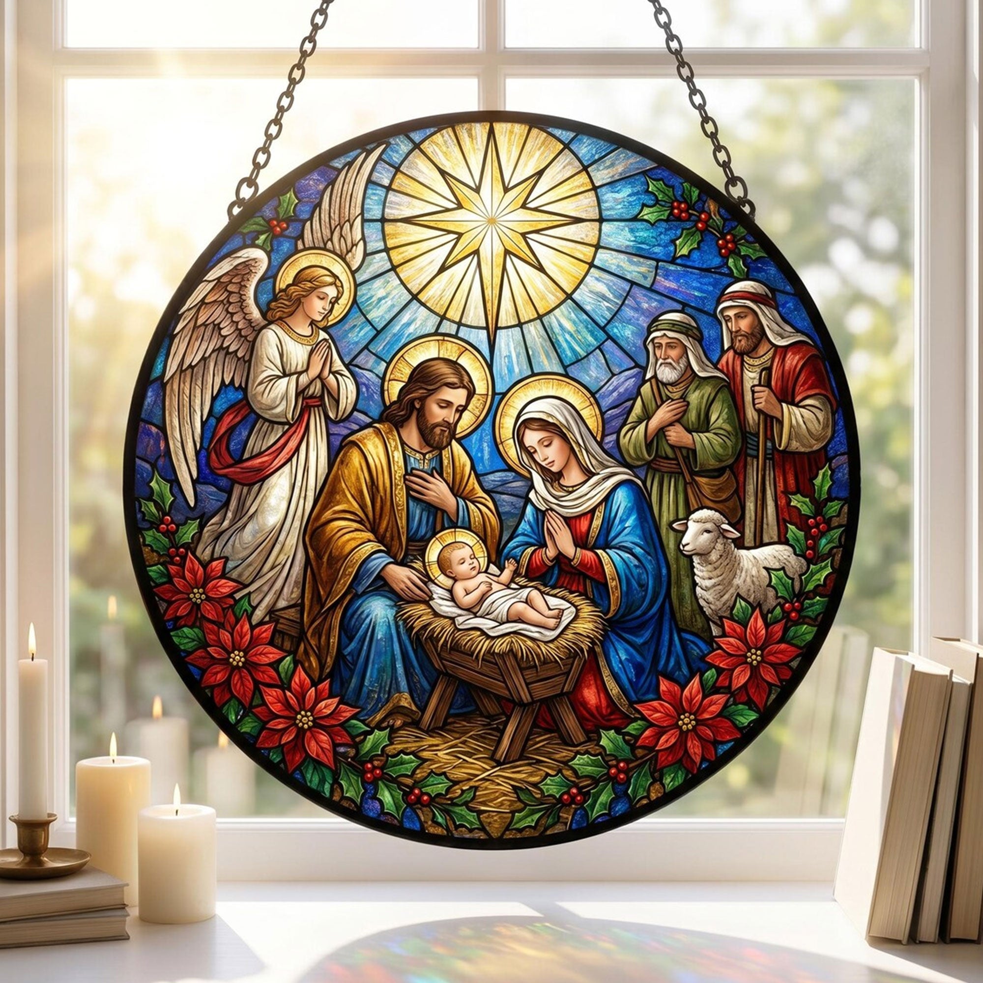 Jesus the Good Shepherd Stained Glass Suncatcher, Christian Window Hanging, Lamb and Angels Religious Home Decor