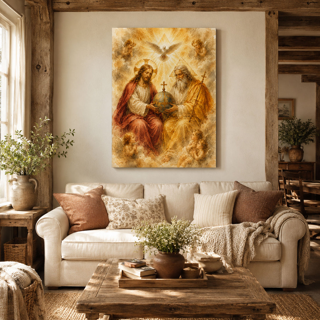 Holy Trinity Catholic Watercolor Canvas Print God the Father Son Holy Spirit Vintage Prayer Card Wall Decor
