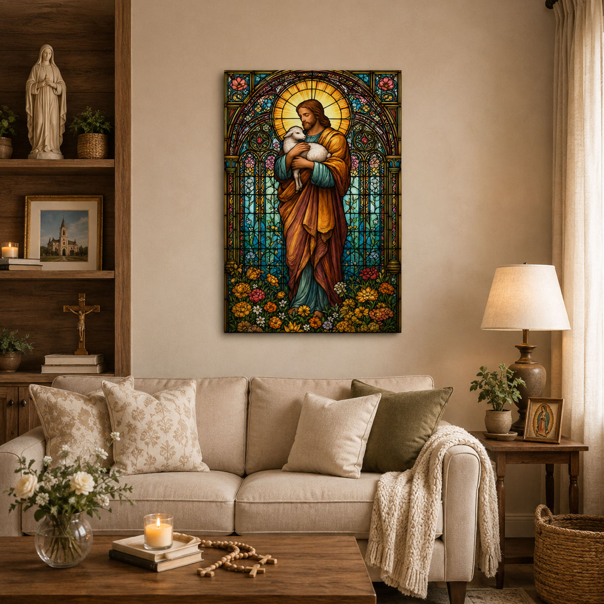 Jesus the Good Shepherd Stained Glass Canvas Print, Christian Home Decor