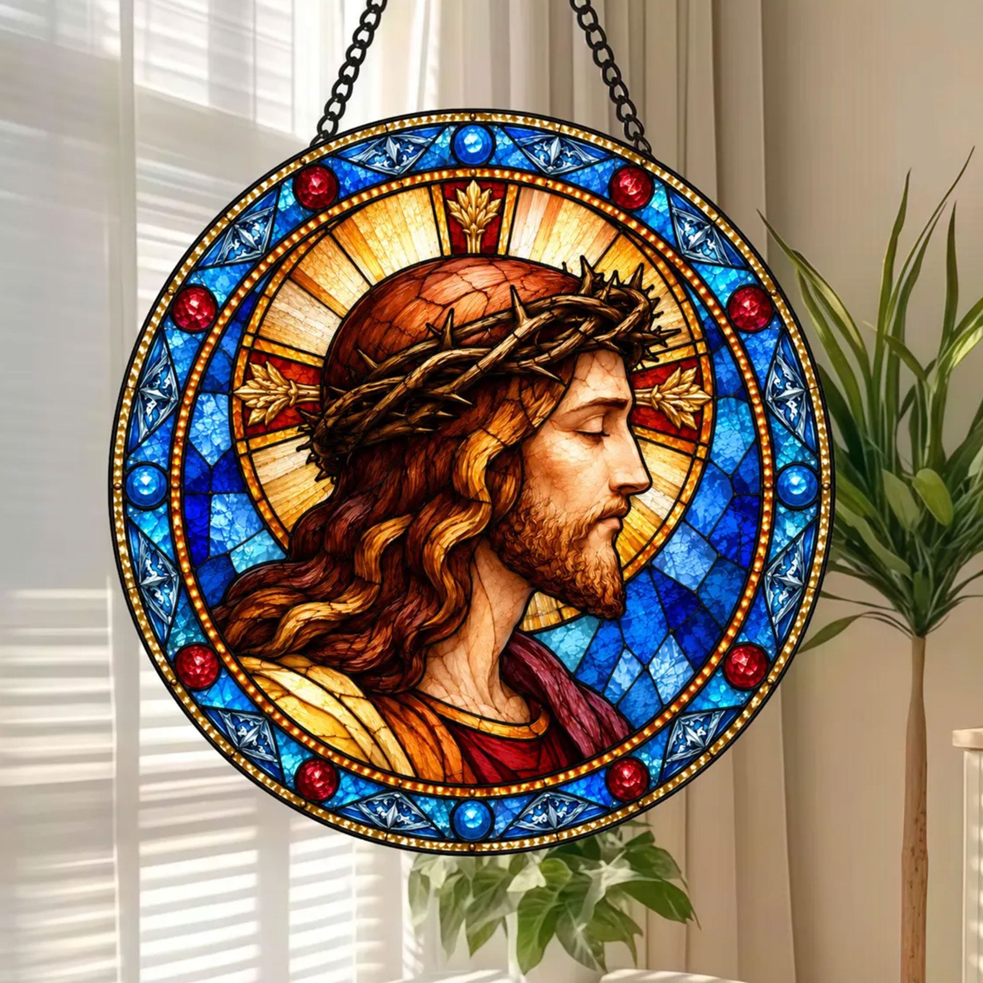 Jesus Crown of Thorns Suncatcher, Catholic Window Hanging, Christian Religious Gift