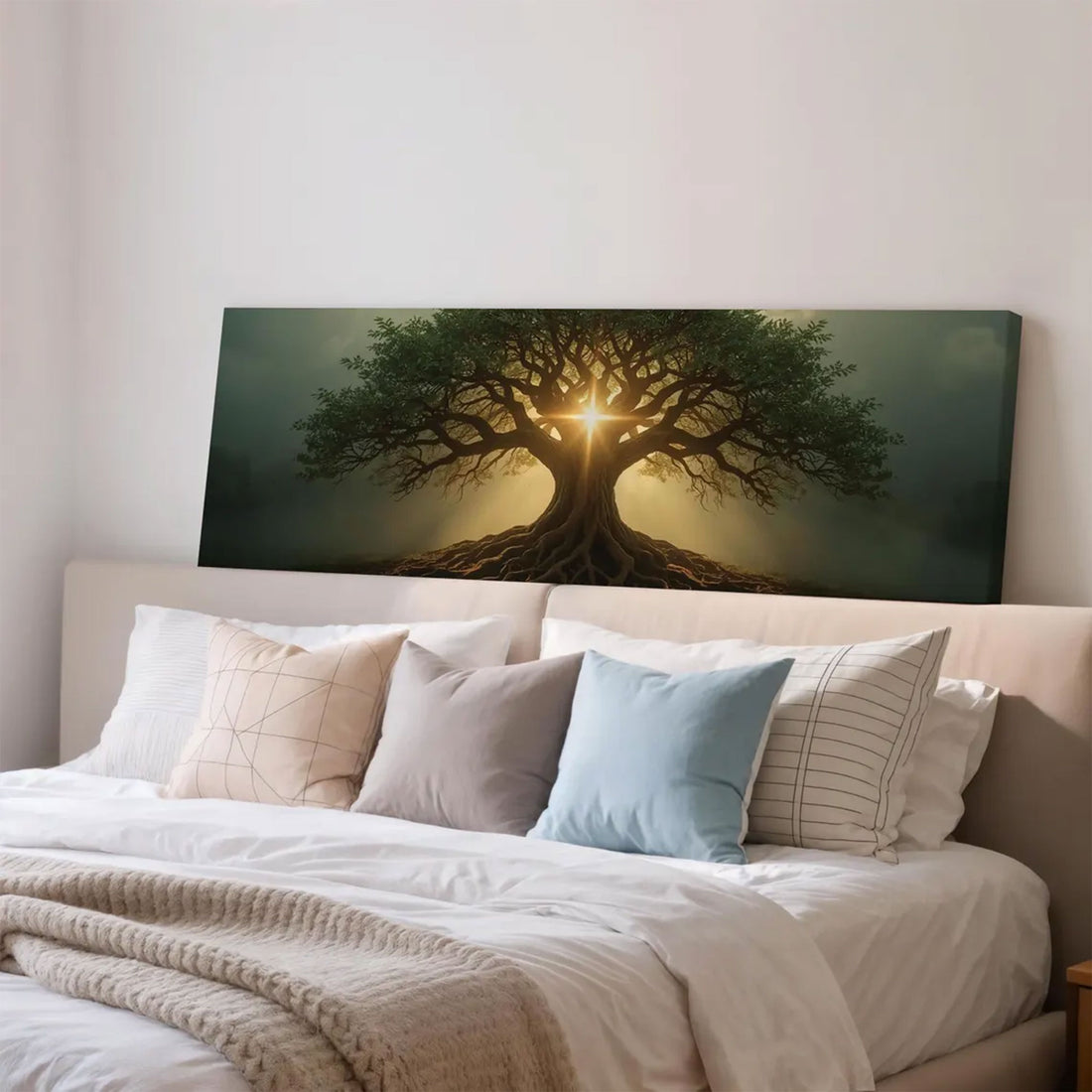 Tree of Life Cross Canvas Wall Art, Christian Light Scene, Faith Symbol Religious Home Decor