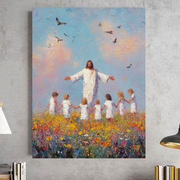 Jesus and Children Canvas Print, Colorful Faith Painting, Christian Religious Home Decor