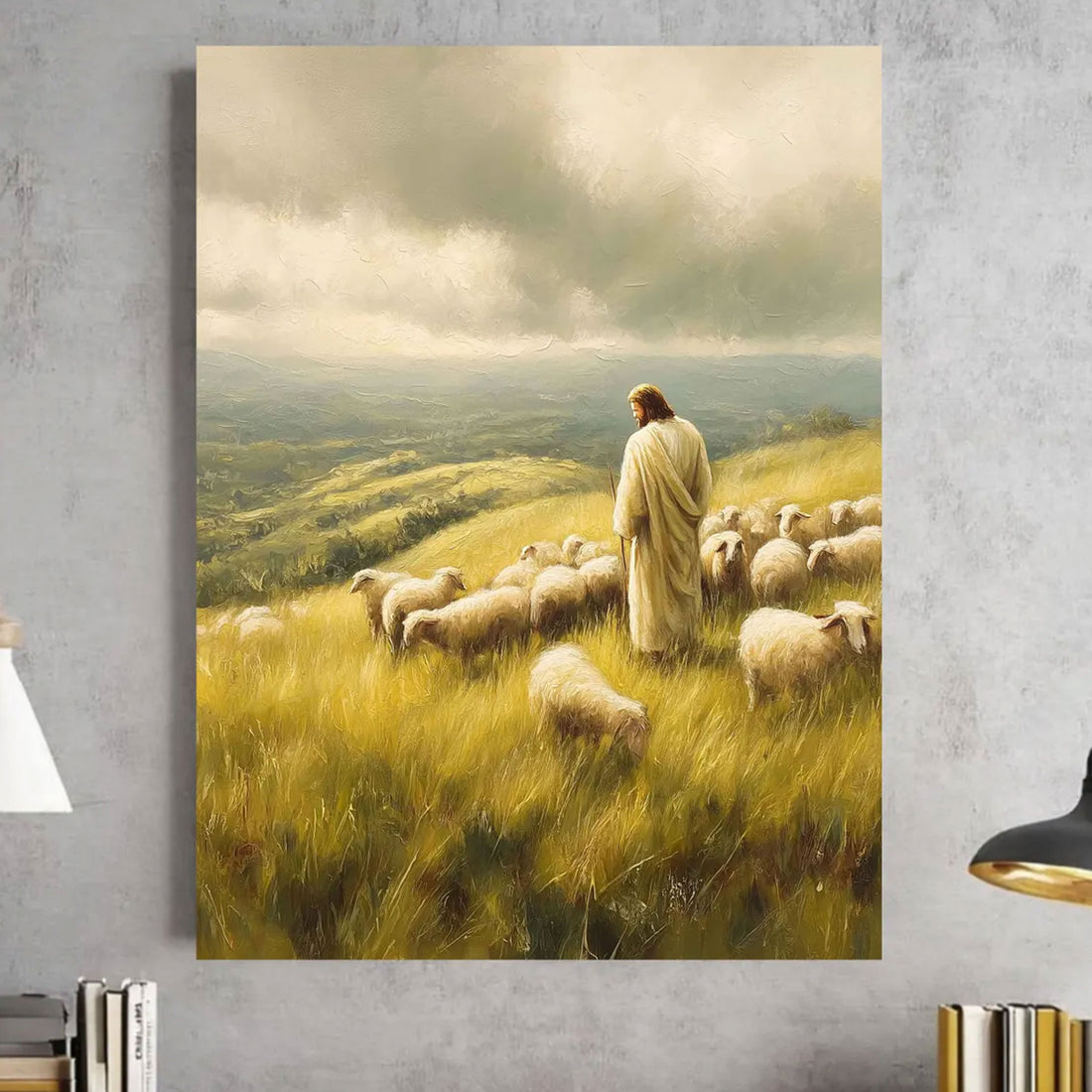 Jesus Good Shepherd Canvas Print, Christian Religious Sheep Wall Art, Rustic Faith Home Decor