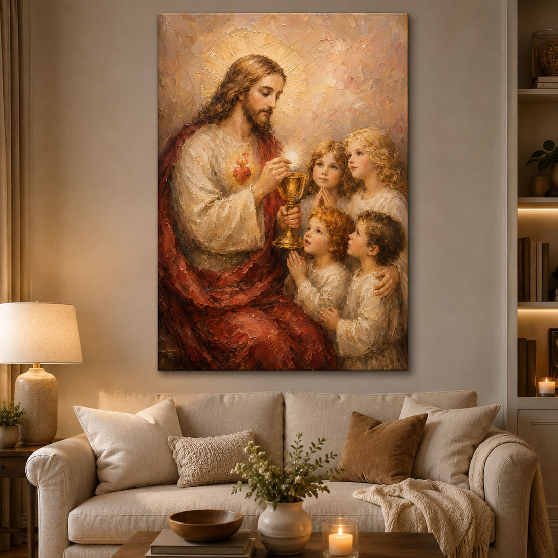 Jesus and Children Holy Communion Canvas Print, First Communion Catholic Wall Art, Eucharistic Christian Painting, Religious Faith Home Decor
