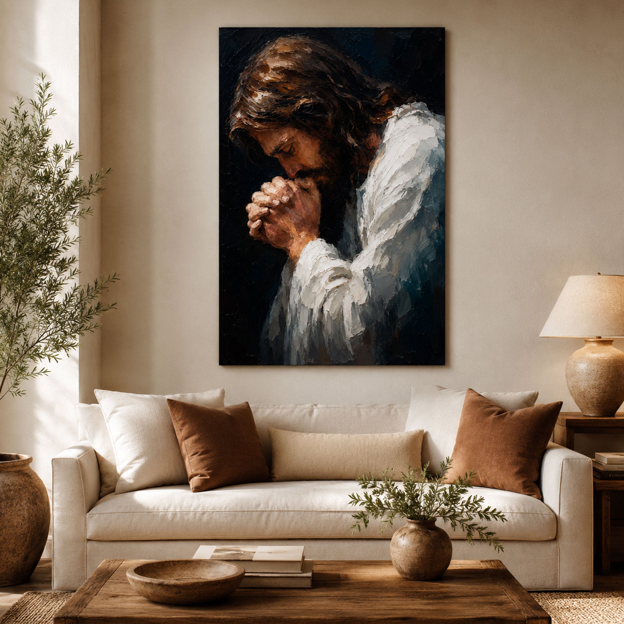 Jesus Praying Canvas Print, Christian Prayer Wall Art, Faith Home Decor