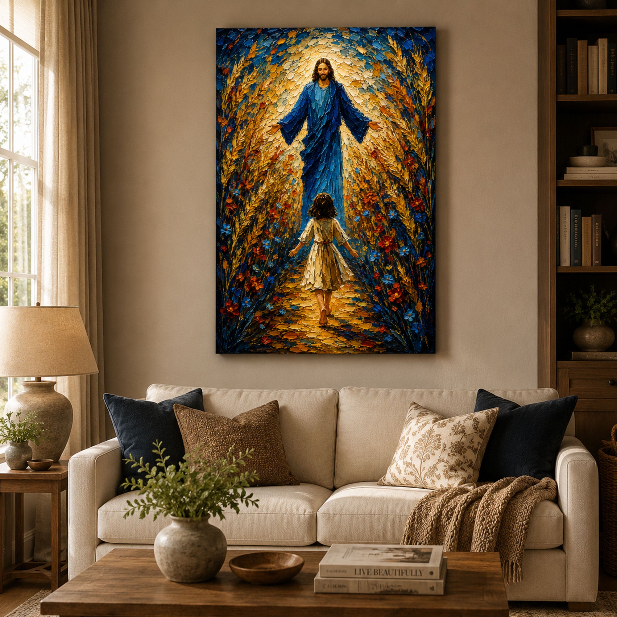 Jesus Welcomes a Little Girl Canvas Print, Christian Child Faith Wall Art, Walk With Jesus Painting, Inspirational Religious Home Decor