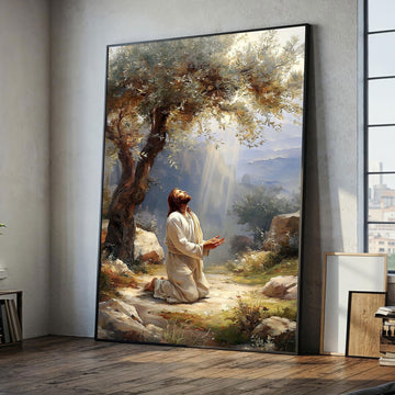 Jesus Praying Under Olive Tree Canvas Wall Art, Christian Prayer Decor, Peaceful Faith Home Gift