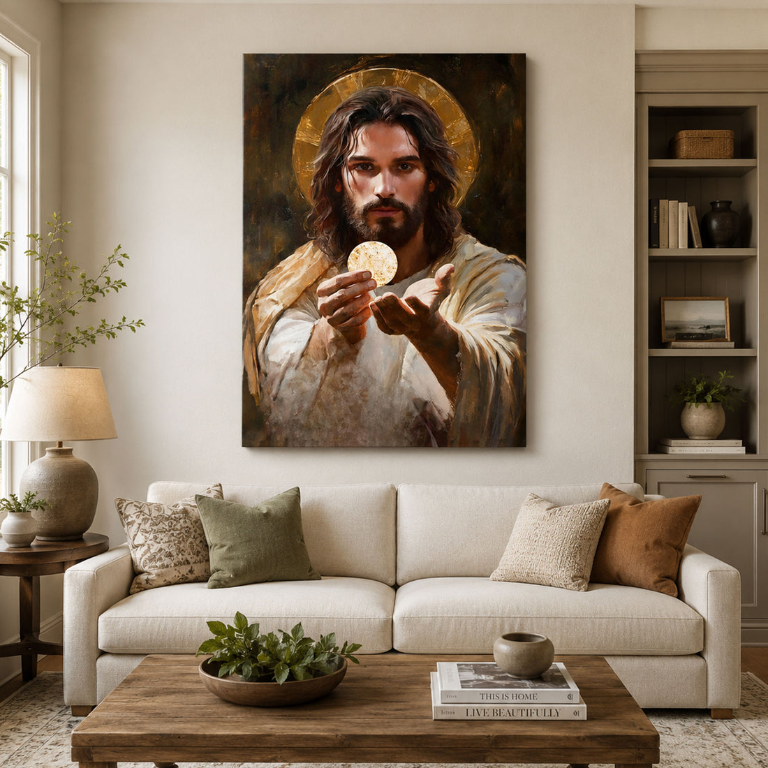 Jesus Christ with Eucharist Canvas Wall Art, Holy Communion Christian Decor, Sacred Faith Home Artwork