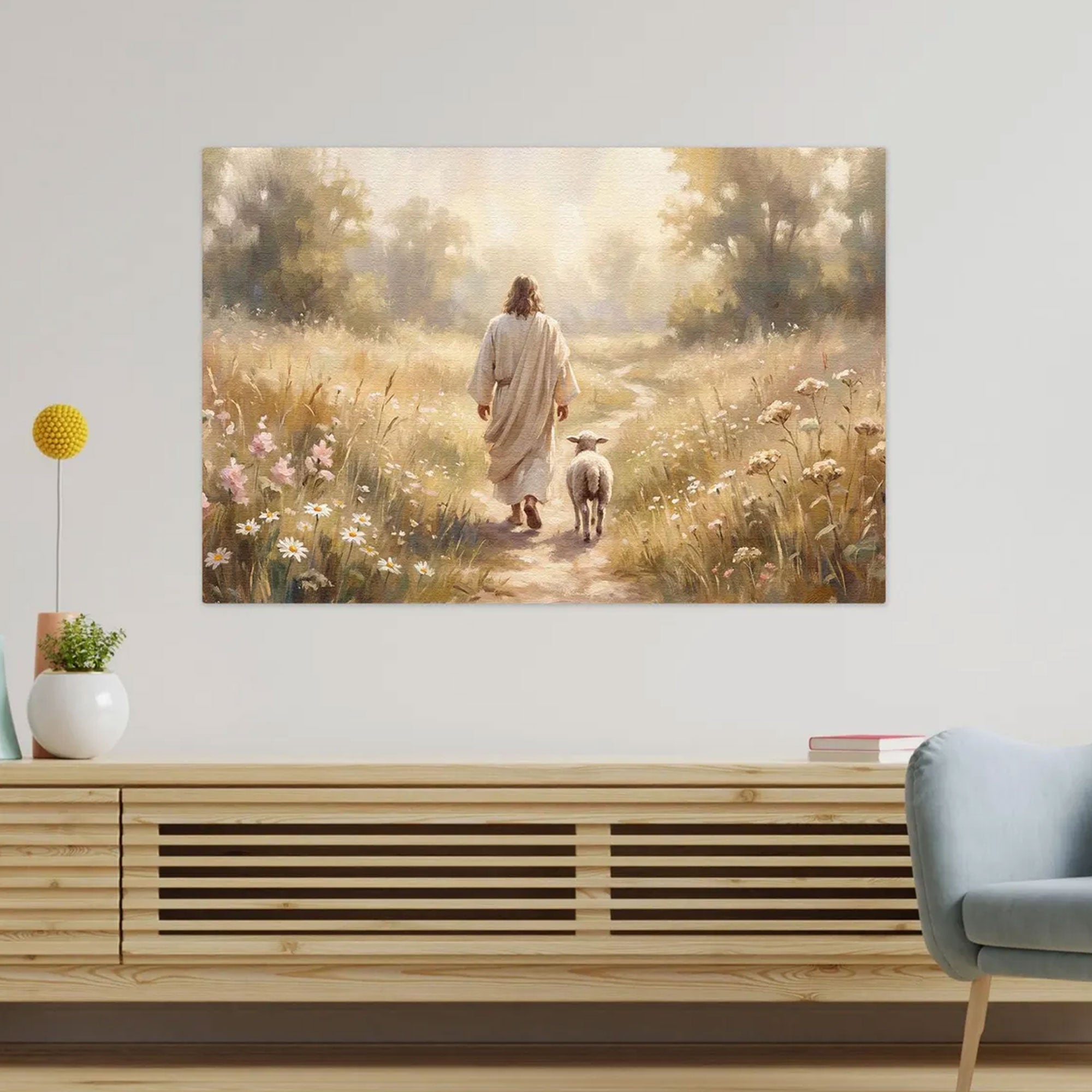 Jesus Walking With Lamb Canvas Wall Art, Christian Faith Decor, Good Shepherd Painting, Religious Home Decor