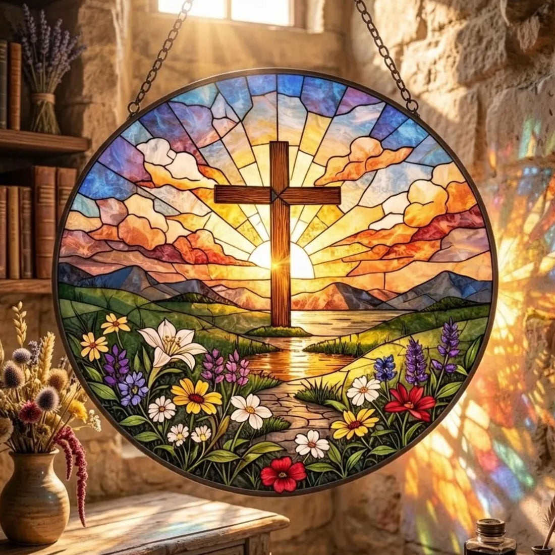 Christian Cross Stained Glass Suncatcher, Sunrise Floral Window Decor, Religious Faith Art Gift