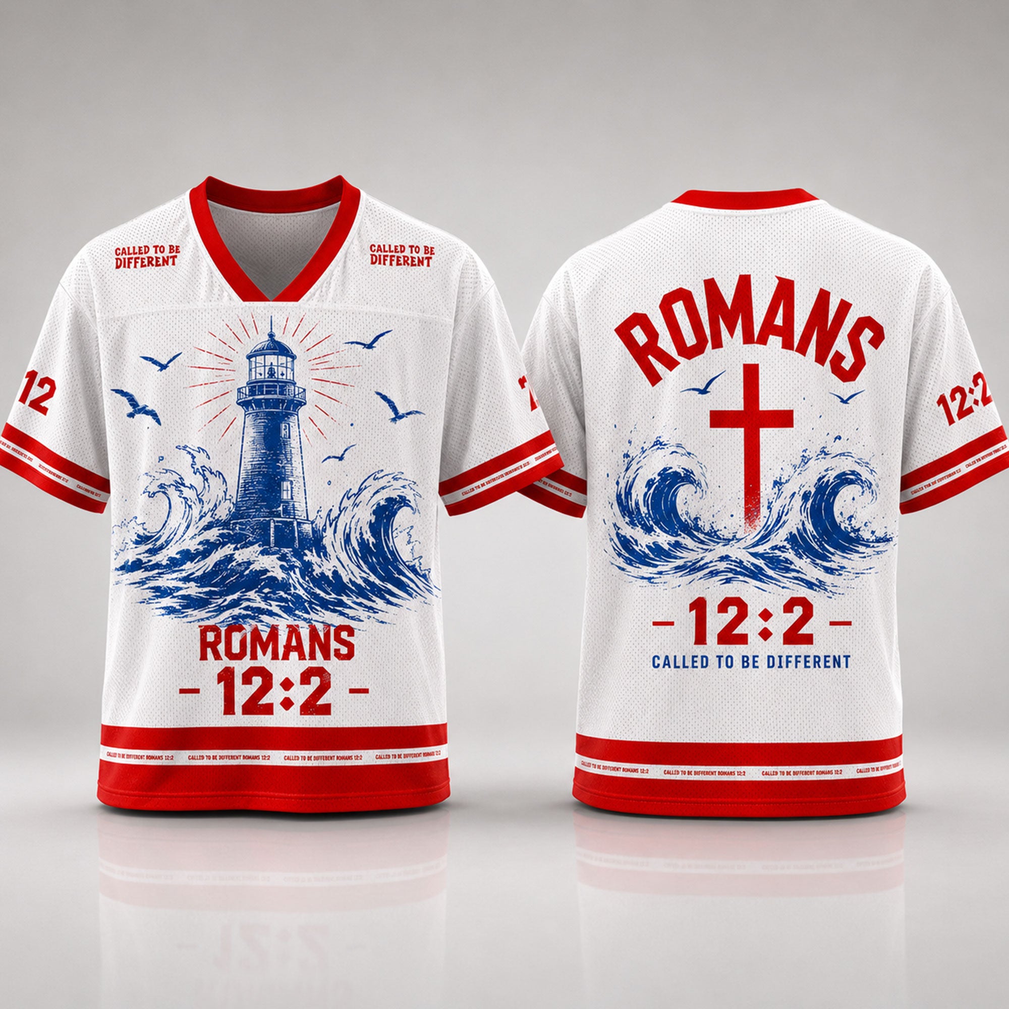 Romans 12:2 Christian Mesh Jersey, Called to Be Different Lighthouse and Cross Bible Verse Shirt
