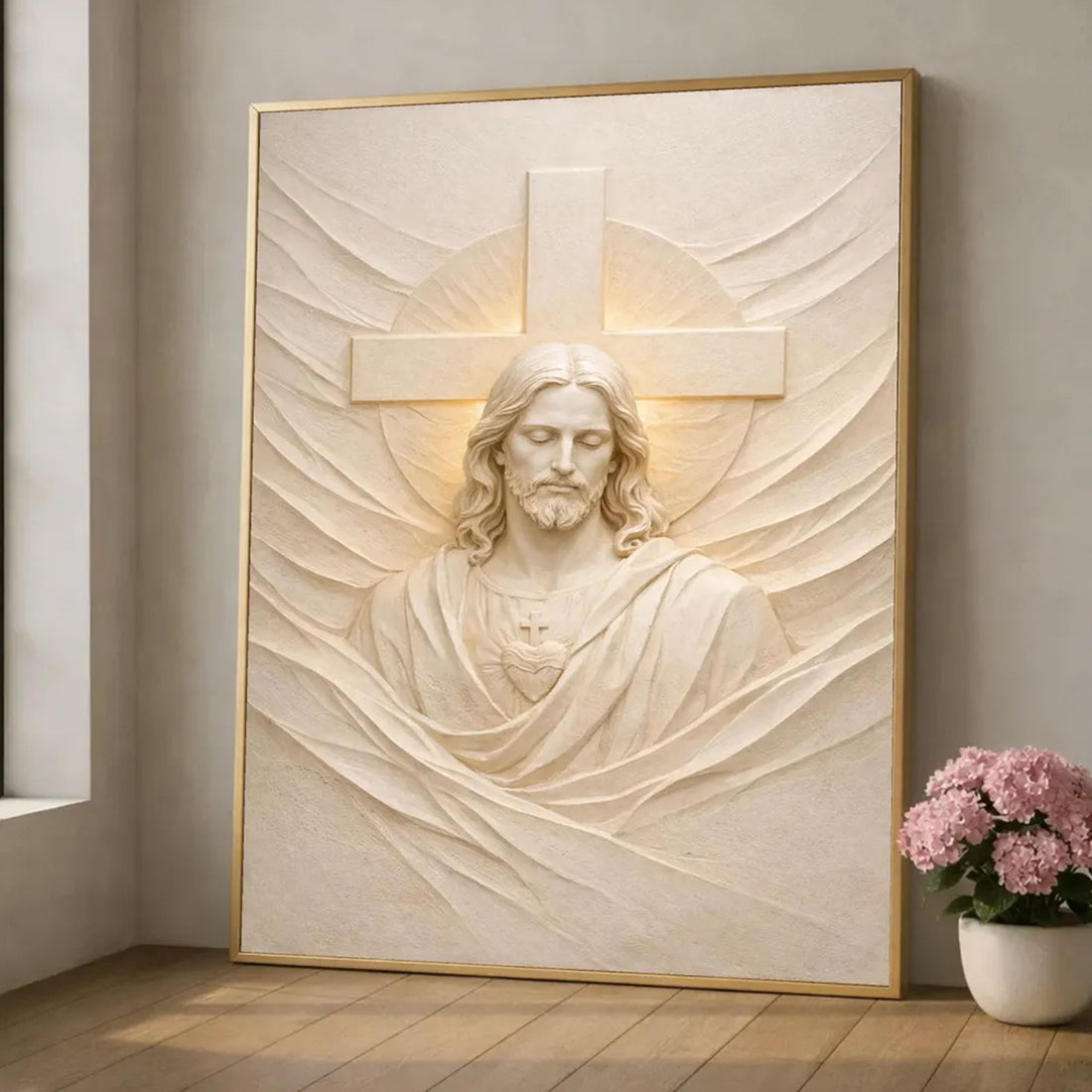 Sacred Heart of Jesus Canvas Wall Art, Christian Relief Sculpture, Catholic Religious Home Decor