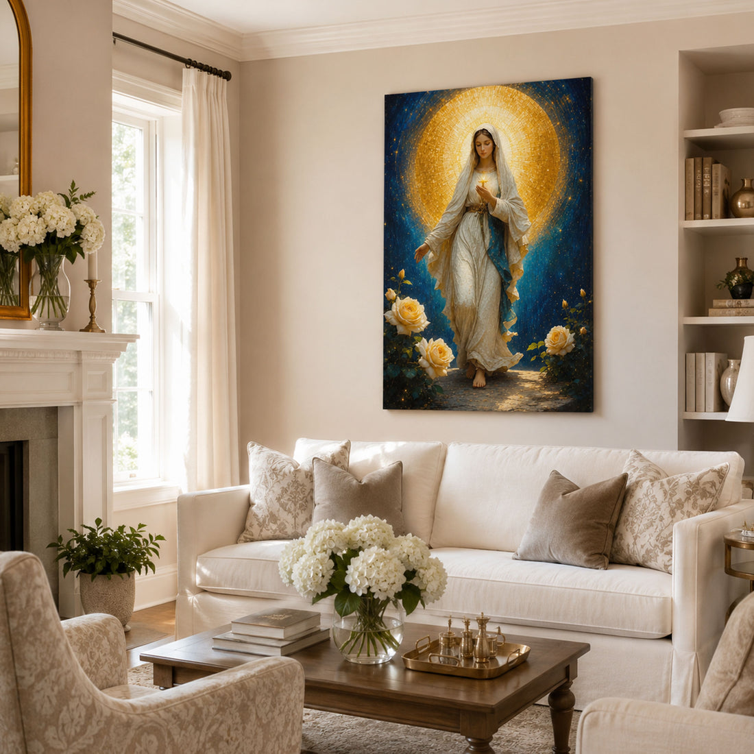 Blessed Virgin Mary Canvas Print, Blue and Gold Catholic Wall Art, Marian Faith Home Decor Gift