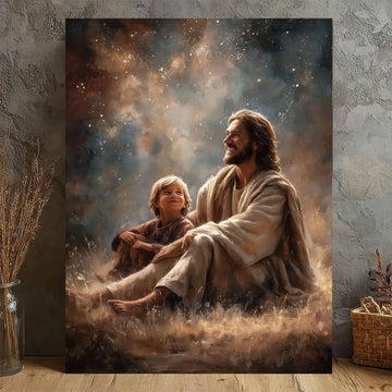 Jesus with Child Under Stars Canvas Wall Art, Spiritual Faith Painting, Religious Home Decor