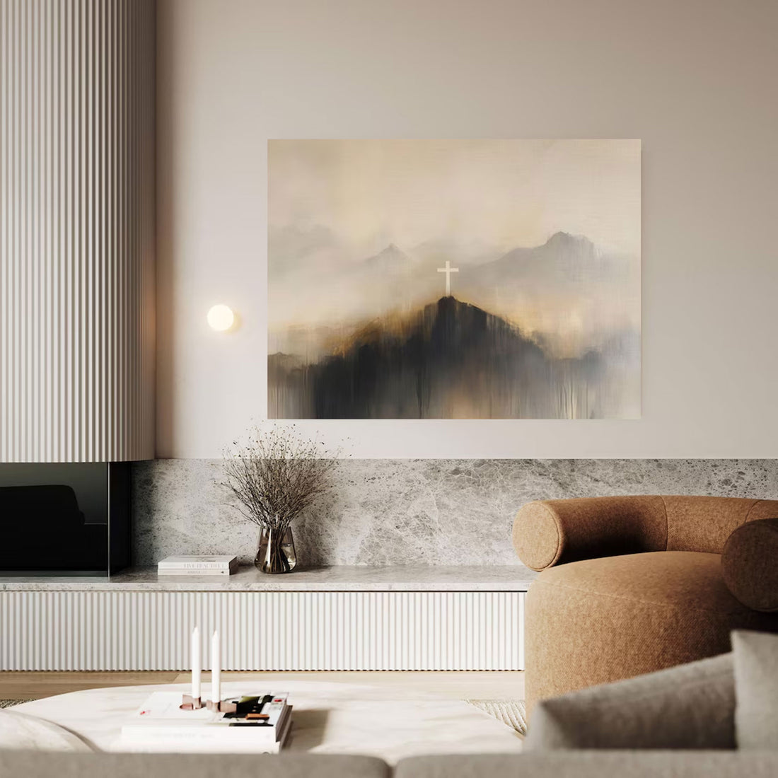 Christian Jesus Cross Canvas Print, Modern Scripture Wall Art, Religious Landscape Decor